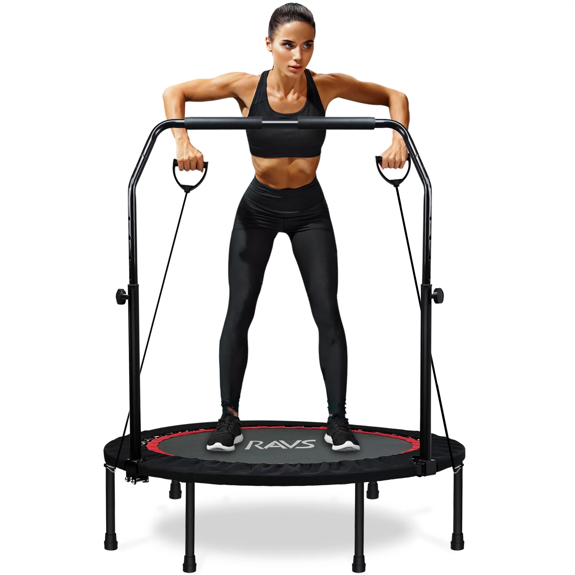 RAVS 40” inch Black Foldable Mini Trampoline Rebounder for Kids and Adults with Height Adjustable Handle