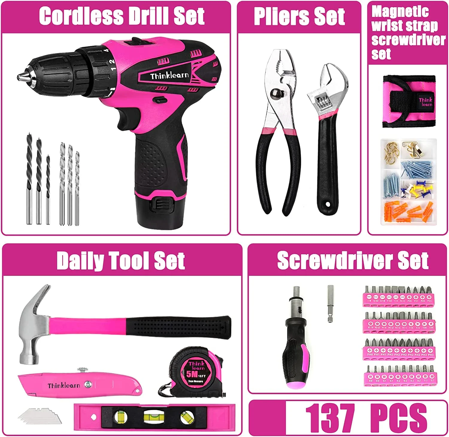 ThinkLearn Pink Drill Set for Women, 137 Piece Hand and Power Tool Set with 12V Cordless Drill