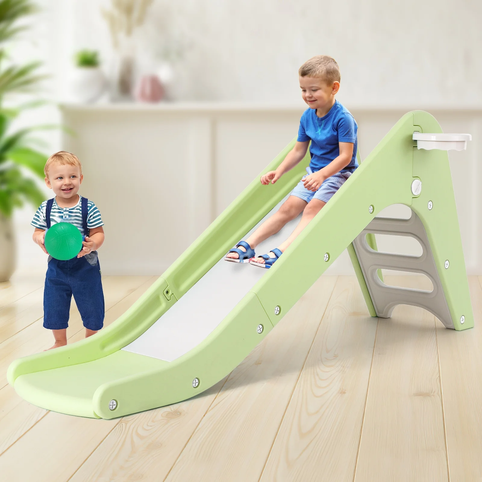 Arlopu Sturdy Slide for Kids, Toddler Play Climber Slide Playset with Extra Long Slipping Slope, Basketball Hoop and Ball, Gift for Boys and Girls Indoor Outdoor Use