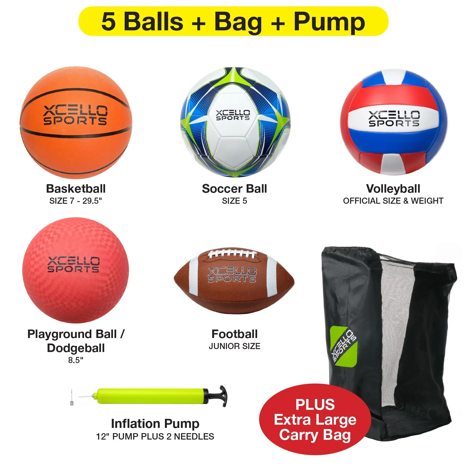 Xcello Sports Multi Sport 5 Ball Assortment, Football, Basketball, Soccer ball, Volleyball, and Kickball with Ball Pump and Carry Bag