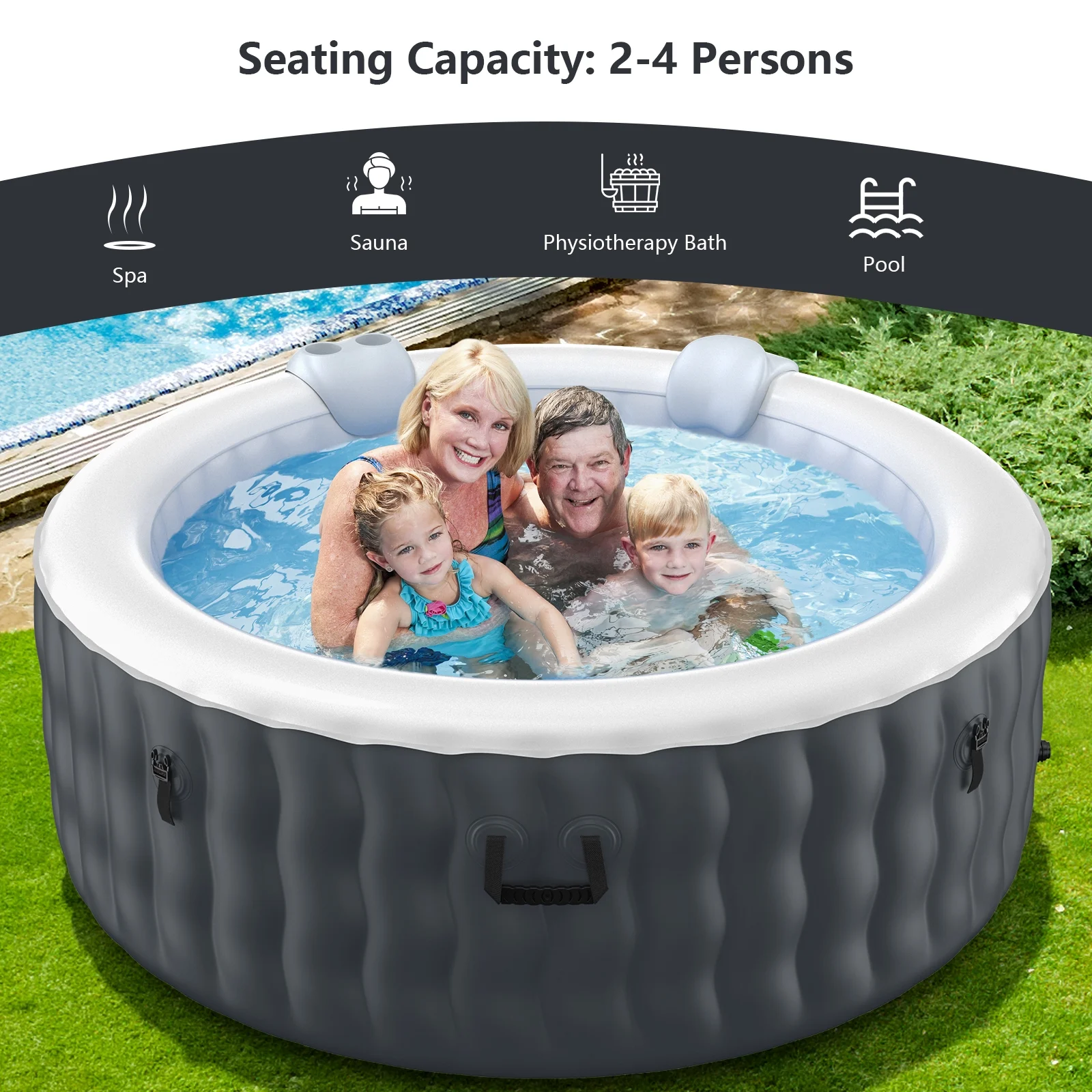 Infans 4 Person Inflatable Hot Tub Spa Portable Round Hot Tub with 108 Bubble Jets Grey