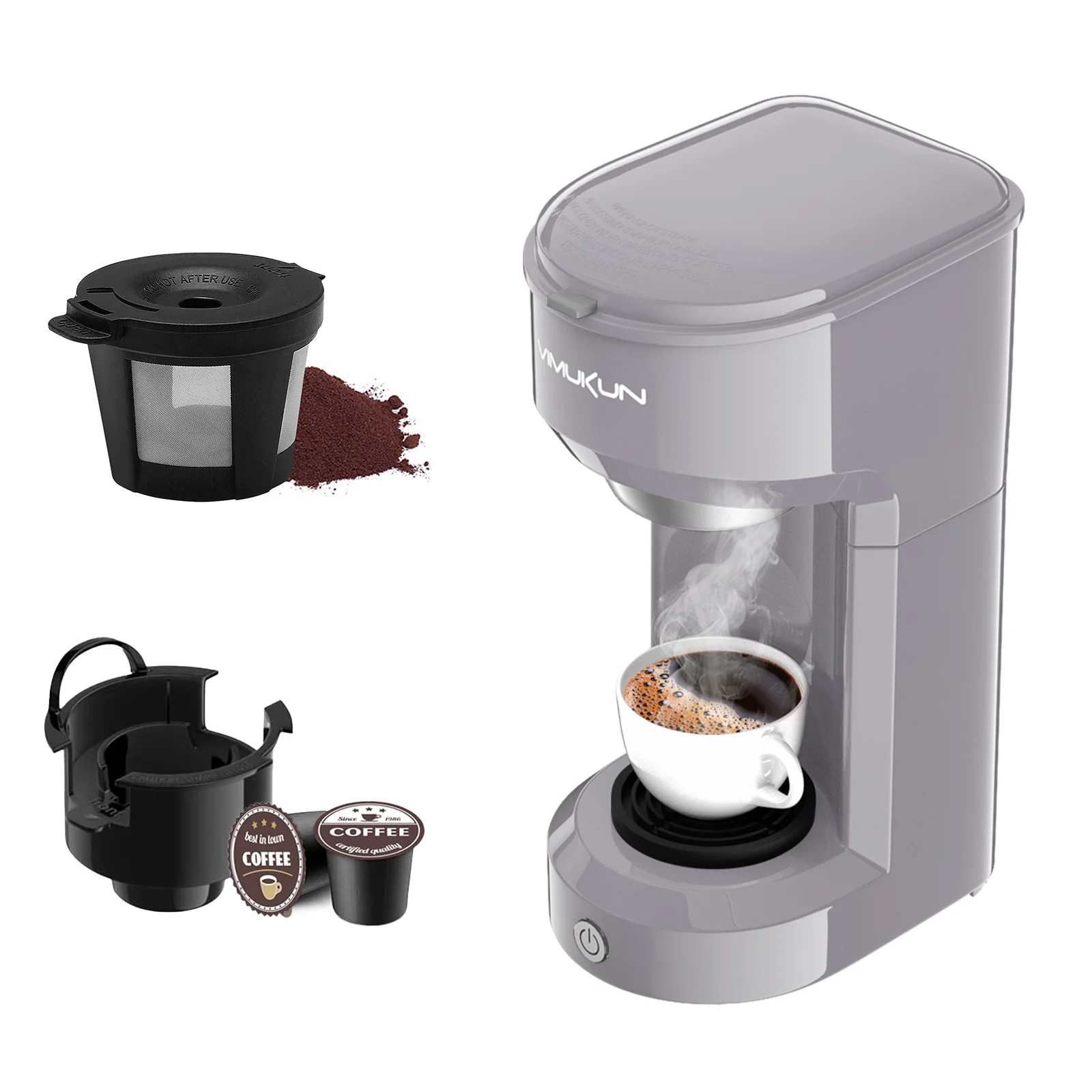 Single Serve Coffee Maker, Coffee Brewer for K-Cup Single Cup Capsule and Ground Coffee, Single Cup Coffee Makers with 6 to 14oz Reservoir, Small Size,Light Grey