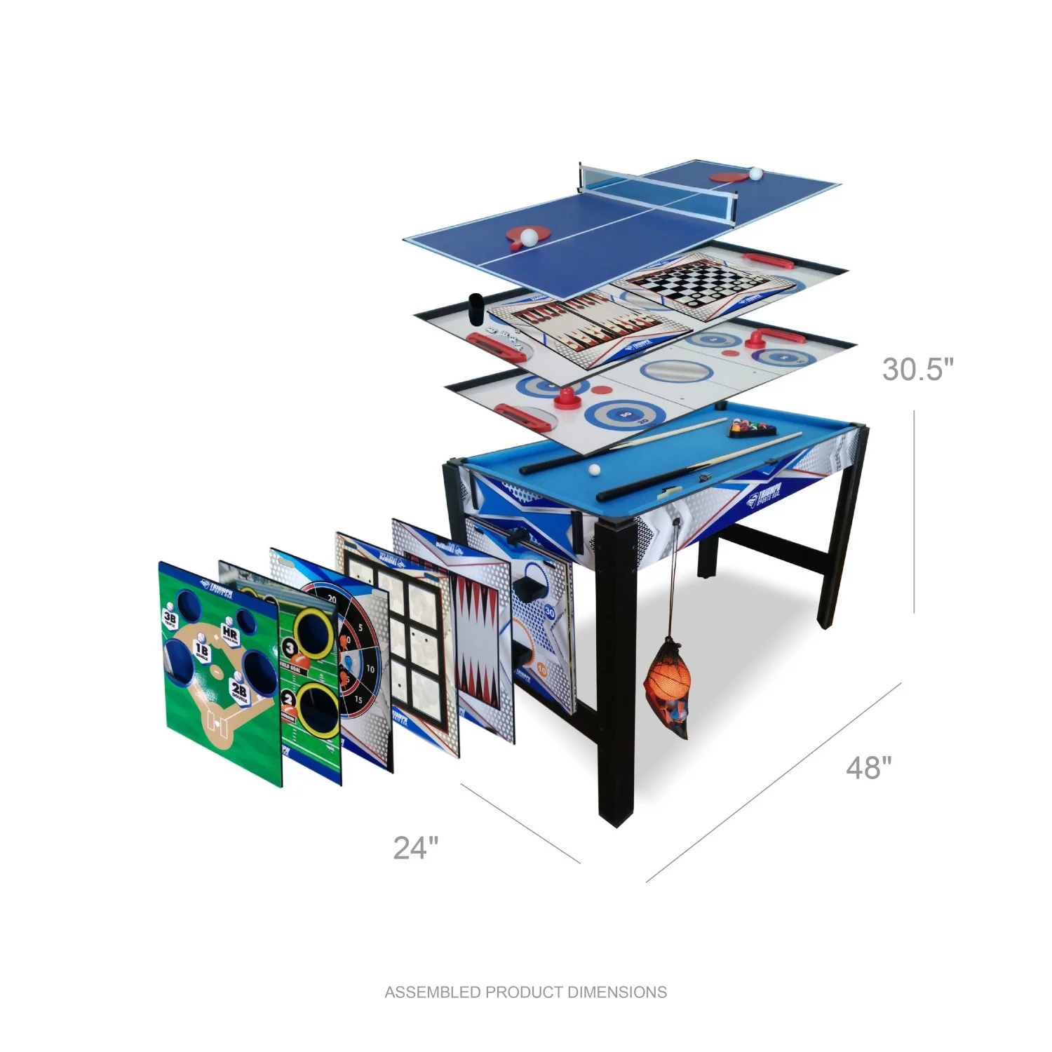 Triumph 13-in-1 Combo Game Table Includes Basketball, Table Tennis, Billiards, Push Hockey, Launch Football, Baseball, Tic-Tac-Toe, and Skee Bean Bag Toss