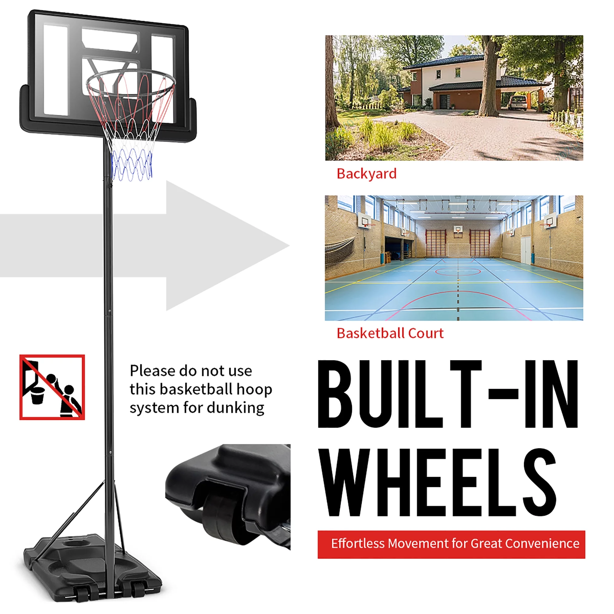 Height Adjustable Portable Basketball Hoop System Shatterproof Backboard Wheels 2 Nets