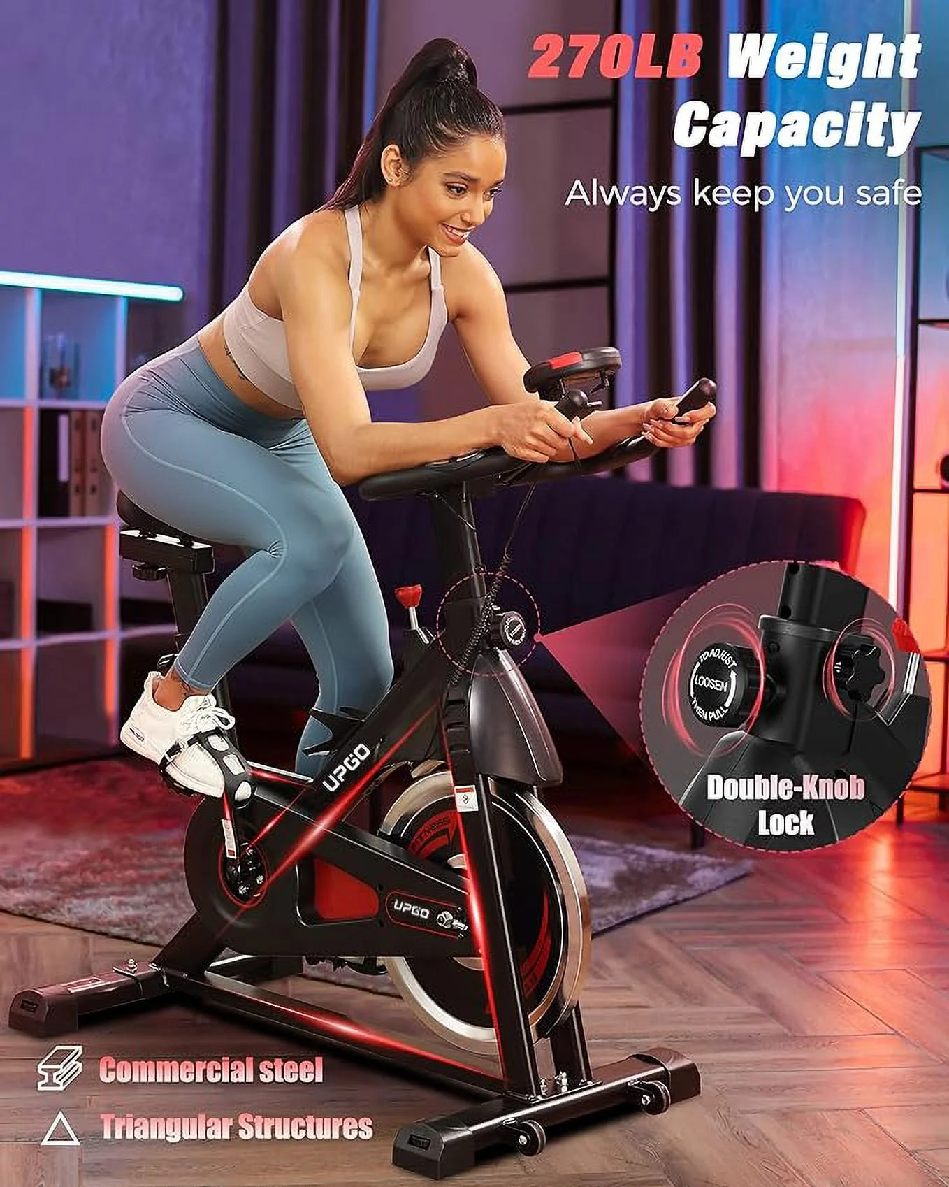 UPGO Exercise Bike-Stationary Indoor Cycling Bike for Home 270 Lbs Weight Capacity, Comfortable Seat Cushion and iPad Holder Red