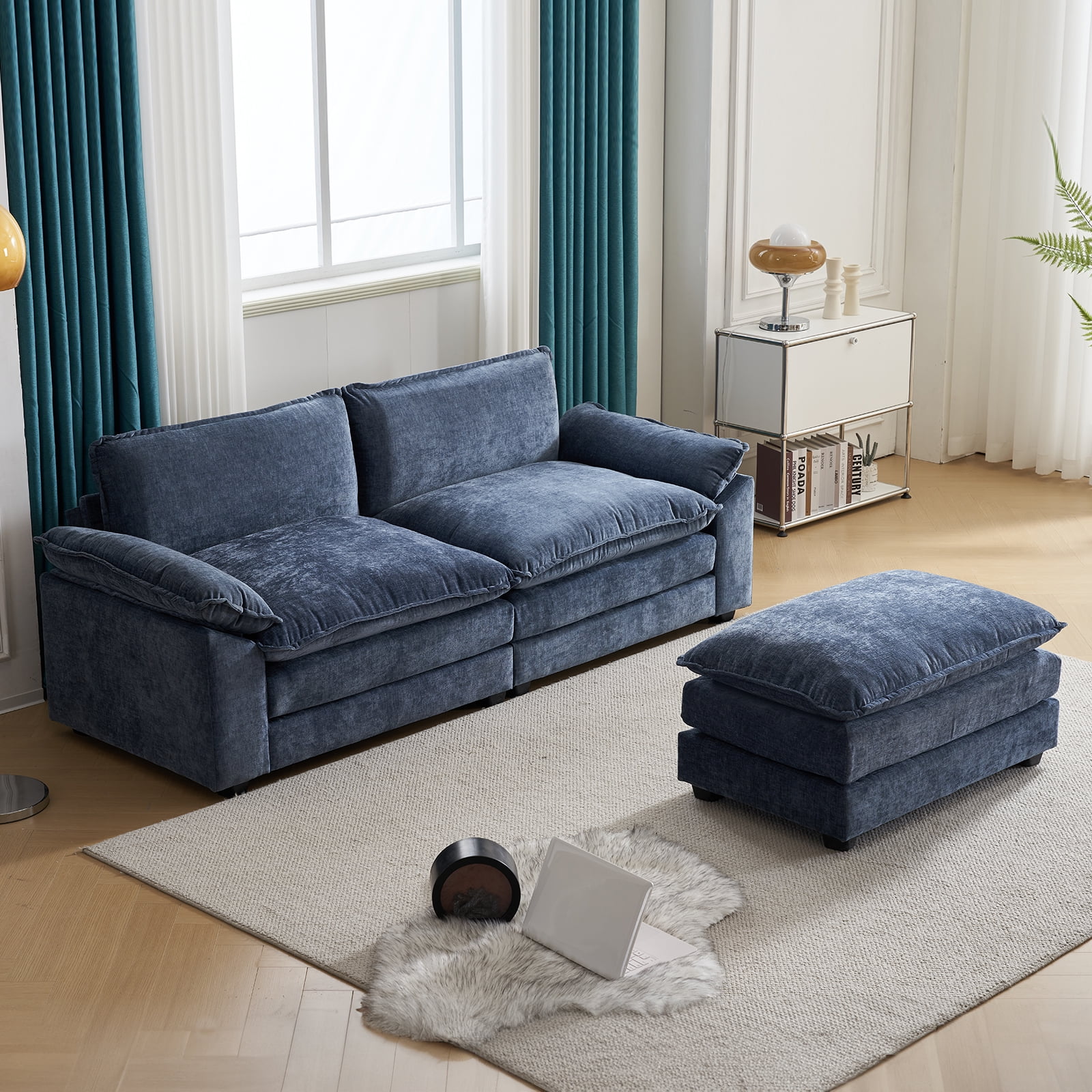 Zimtown Sectional Sofa with Ottoman, L Shaped Convertible Couch with Removable Chaise Chenille Fabric Sofa Set for 3-4 Persons Living Room Furniture Gray-Blue