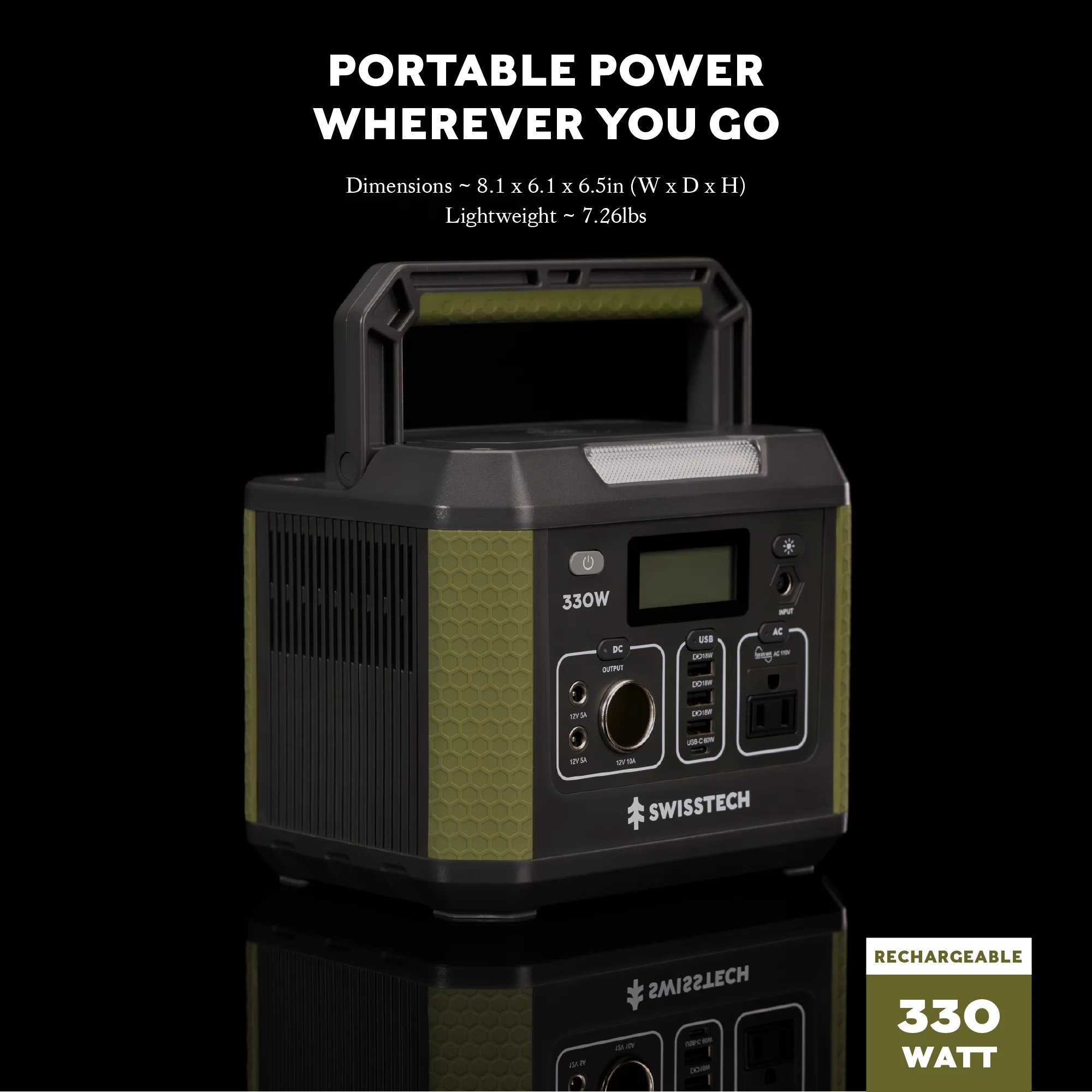 Swiss Tech 330W Portable Power Station, 288.6Wh, Solar Powered Battery for Camping and Travel Emergency