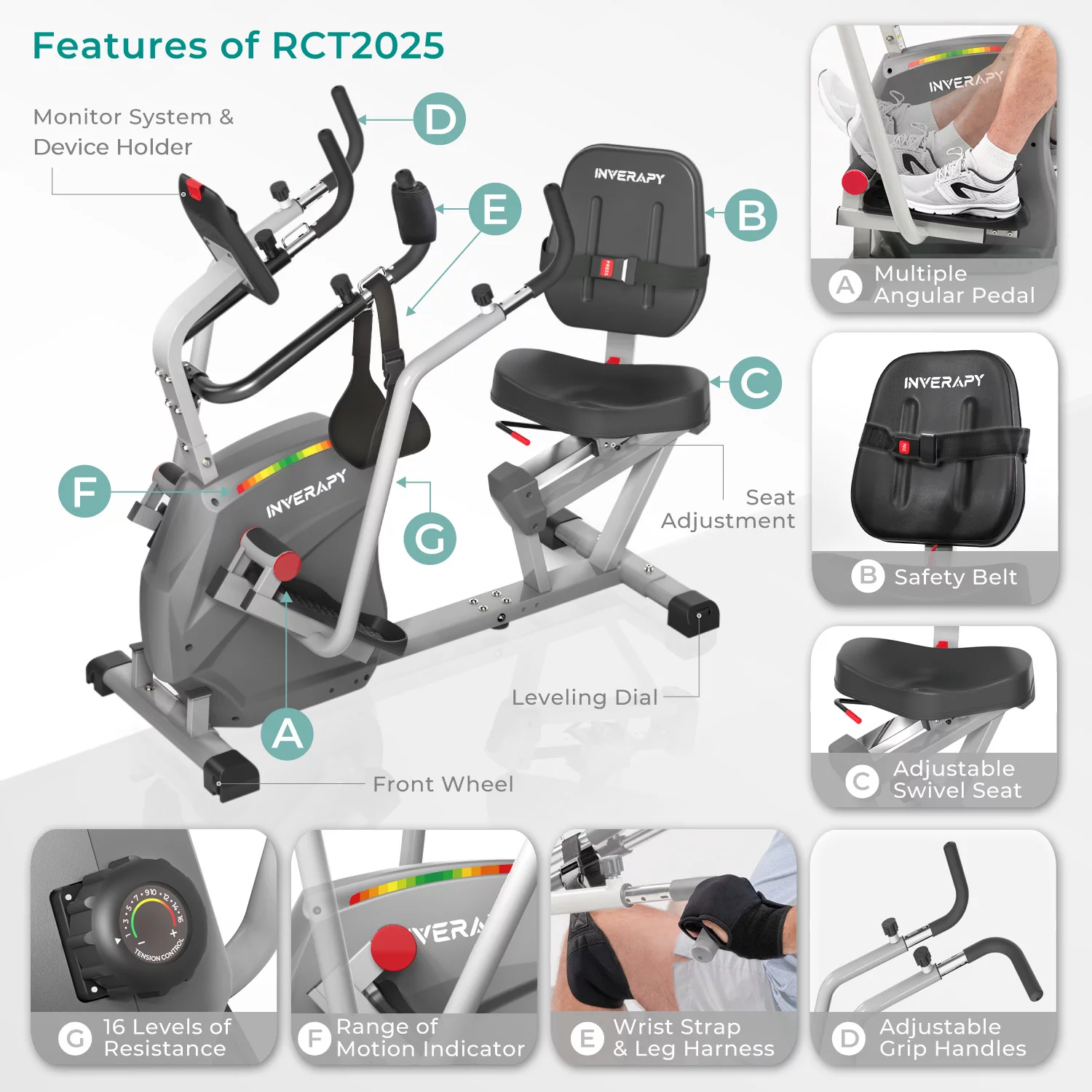 Inverapy by Innova RCT2025 Recumbent Cross Trainer with Swivel Seat & Leg Harness, Max Weight Capacity 350 lb