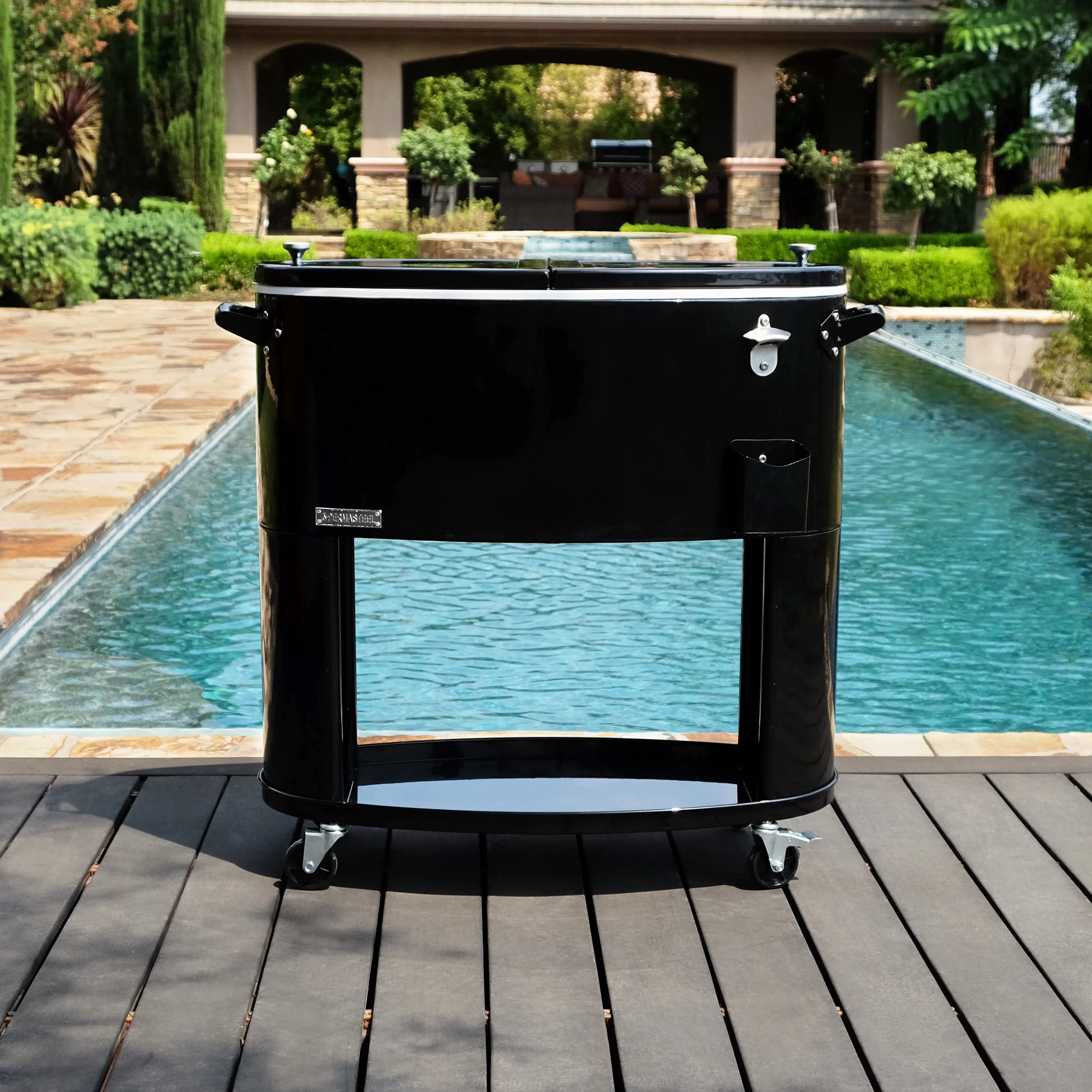 Permasteel PS-207-BK 80 Quart Portable Rolling Oval Patio Cooler, Black