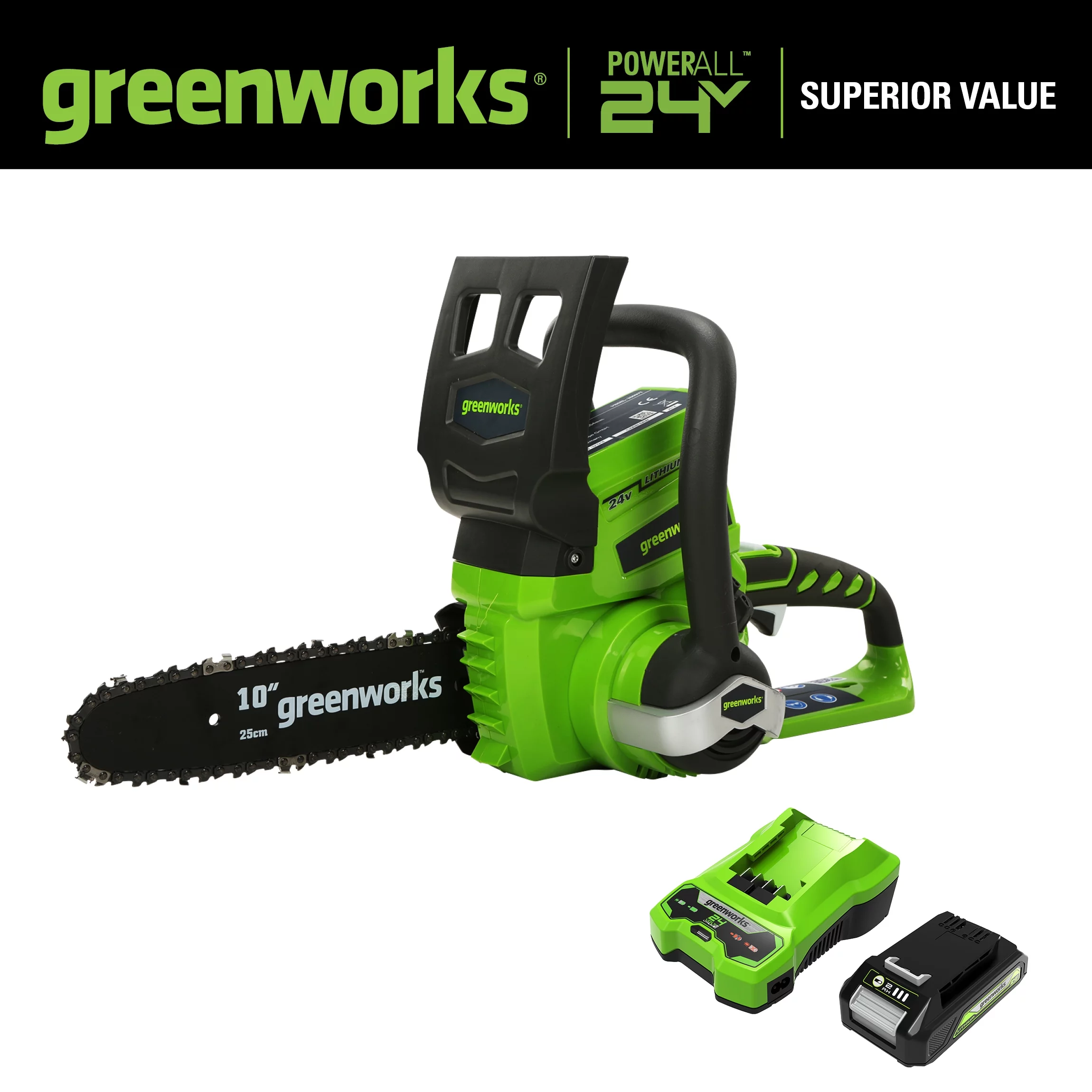 Greenworks 24V 10″ Cordless Chainsaw with 2.0 Ah Battery & Charger 20362