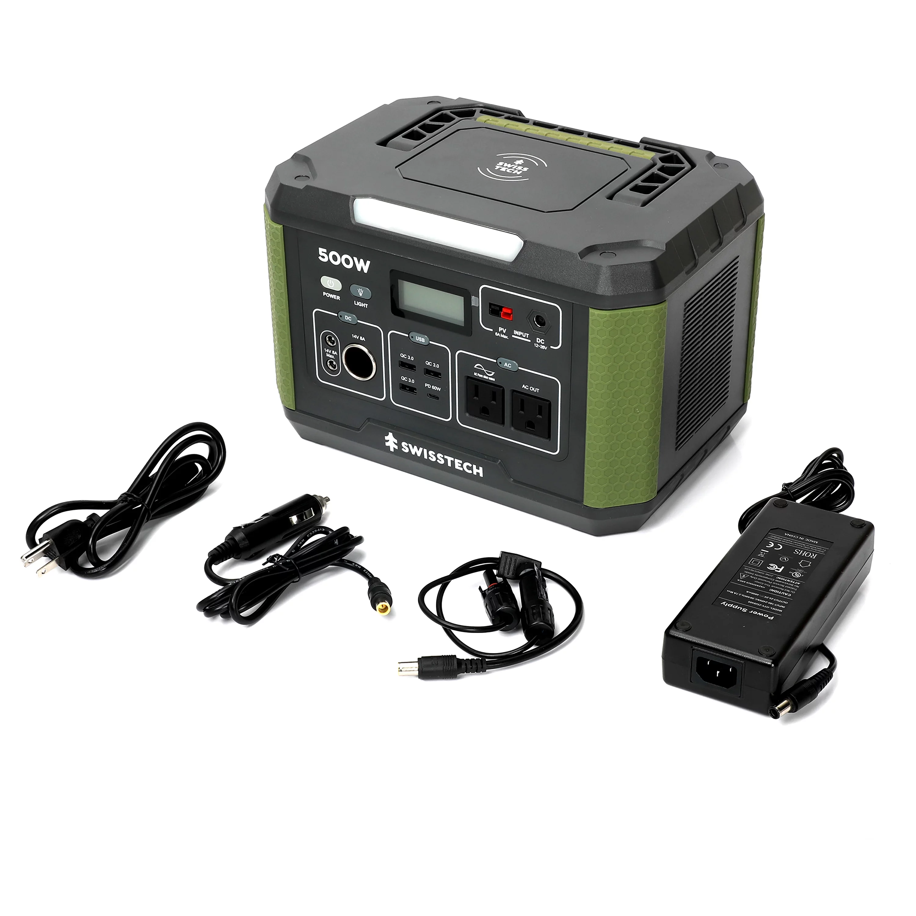 Swiss Tech 500W Portable Power Station, 519.4Wh, Solar Powered Battery for Camping and Travel Emergency