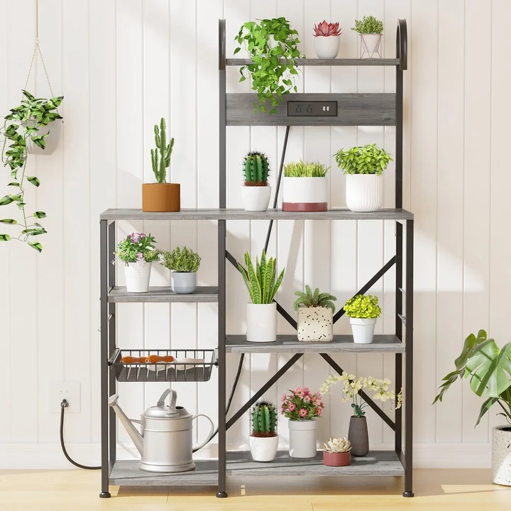 Walsunny Kitchen Bakers Rack with Power Outlet,Industrial Kitchen Island Storage Shelf with 6 Hooks 6 Tier Rack