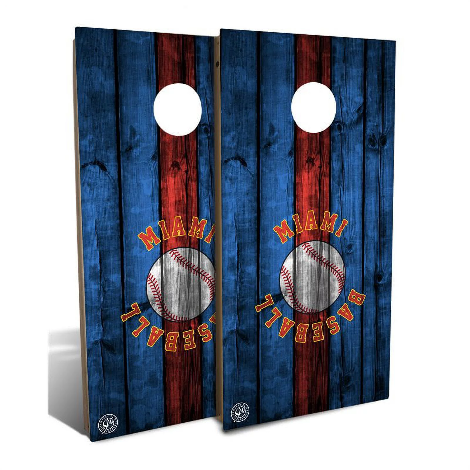 Slick Woody’s Backyard Miami Baseball Cornhole Board Set in Blue (8 Bags)