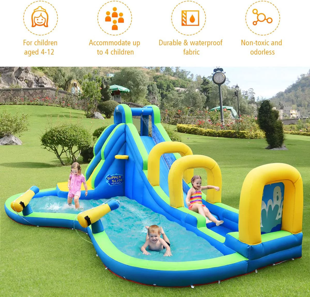 Inflatable Water Slide, Mega Waterslide Park for Kids Backyard Fun w/Adventure Long Slide, Splash Pool, Climbing, Blow up Water Slides Inflatables for Kids and Adults