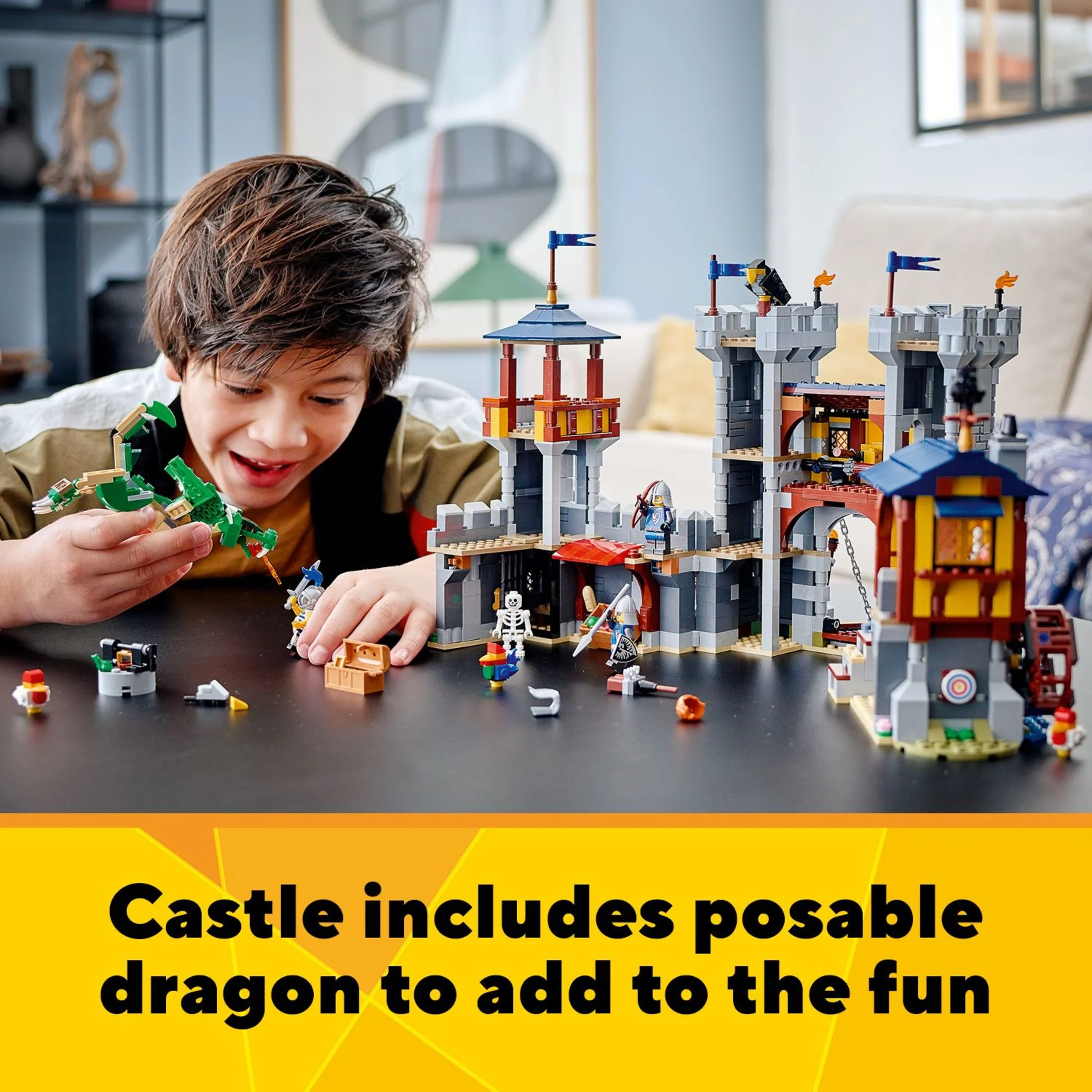 LEGO Creator 3 in 1 Medieval Castle Toy, Transforms from Castle to Tower to Marketplace, Includes Skeleton and Dragon Figure, with 3 Minifigures and Catapult, 31120