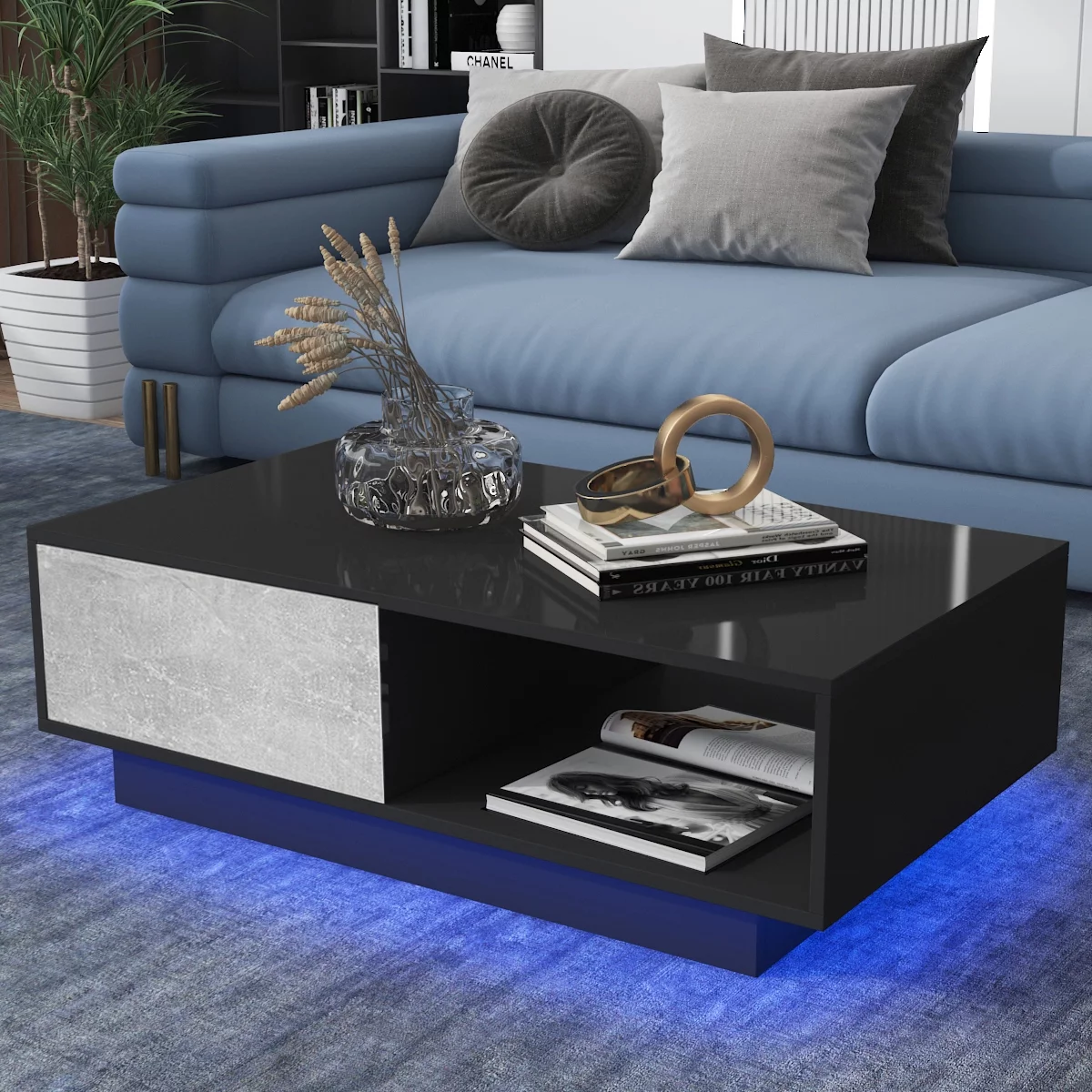 Hommpa LED Coffee Table Modern Side Tables High Gloss Black Cocktail Table with Drawer Open Shelf for Living Room