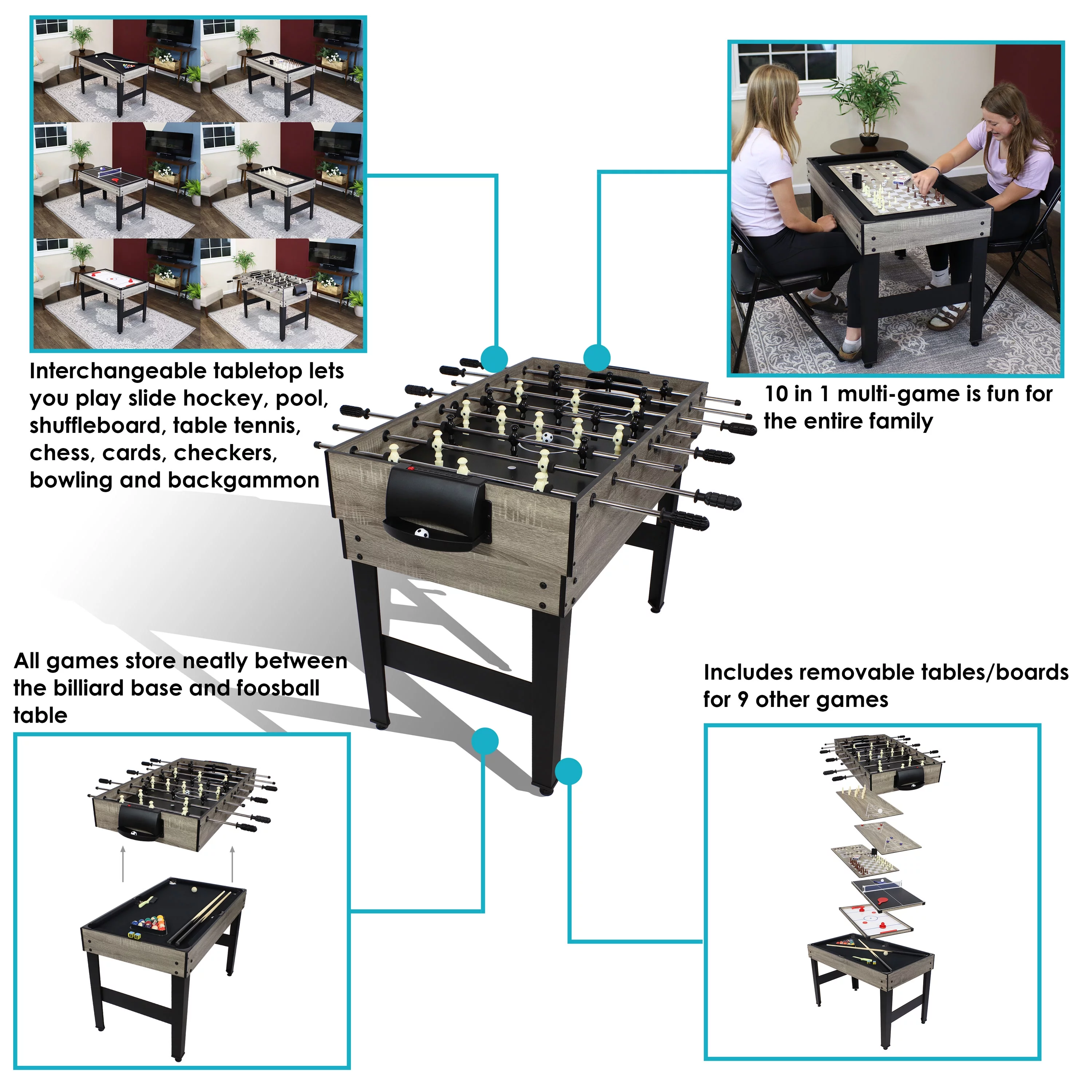 Sunnydaze Multi-Game Table with Billiards, Hockey, Foosball, Ping Pong, Shuffleboard, Chess, Cards, Checkers, Bowling, and Backgammon – Game Time Blue