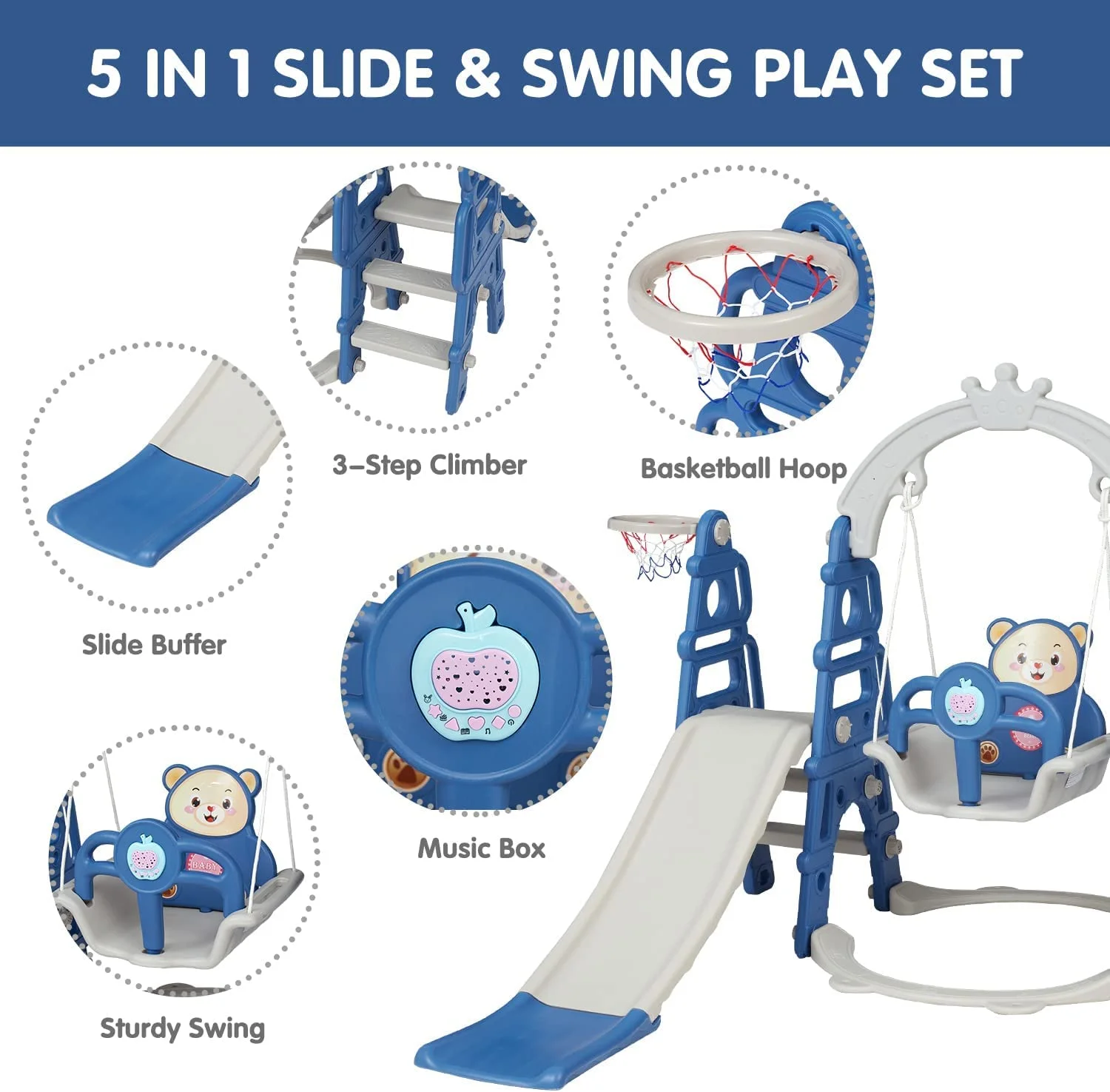 Kinbor 5-in-1 Kids Combination Slides Climbing Basketball Hoop and Swing Set w/ Strong Rope, Blue