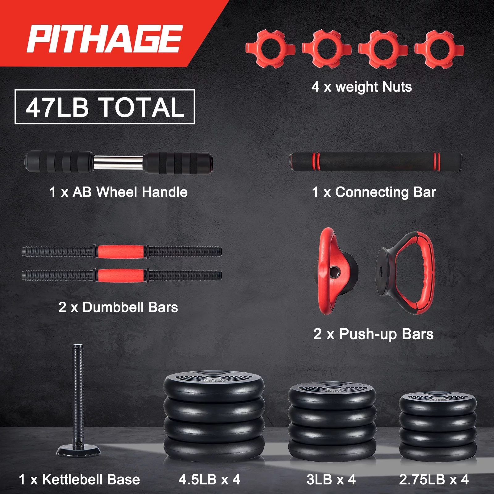 Pithage 5-in-1 Adjustable Dumbbell Set 45lb Free Weights Dumbbells Barbell Kettlebells Set for Workout, Black