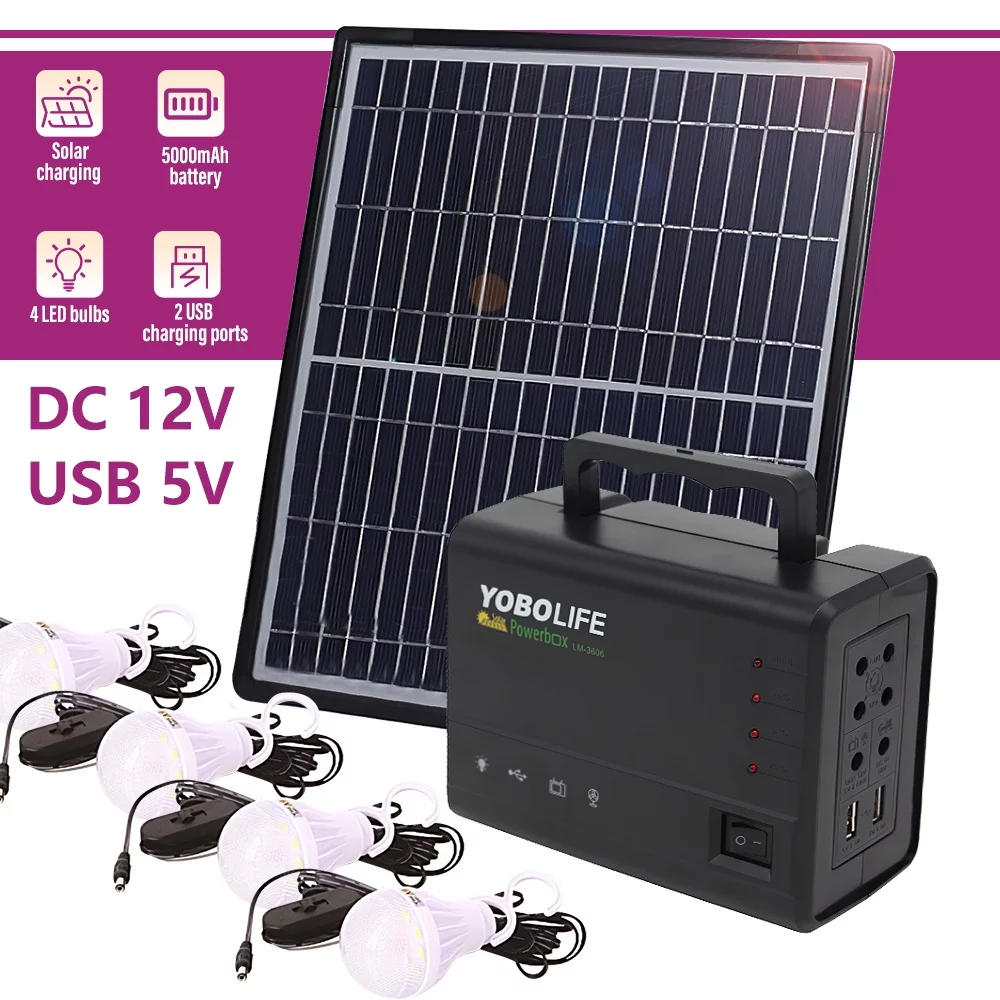 Solar Panel Power Generator Kit,Solar Power Station Camping USB Charger Portable Battery Station 4 LED