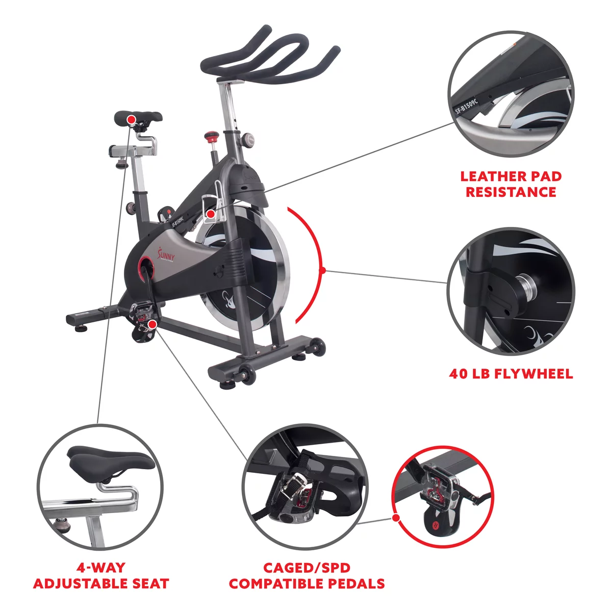 Sunny Health & Fitness Stationary Belt Drive Indoor Cycling Exercise Bike with 40 Lb., Flywheel for Home Cardio Training, SF-B1509