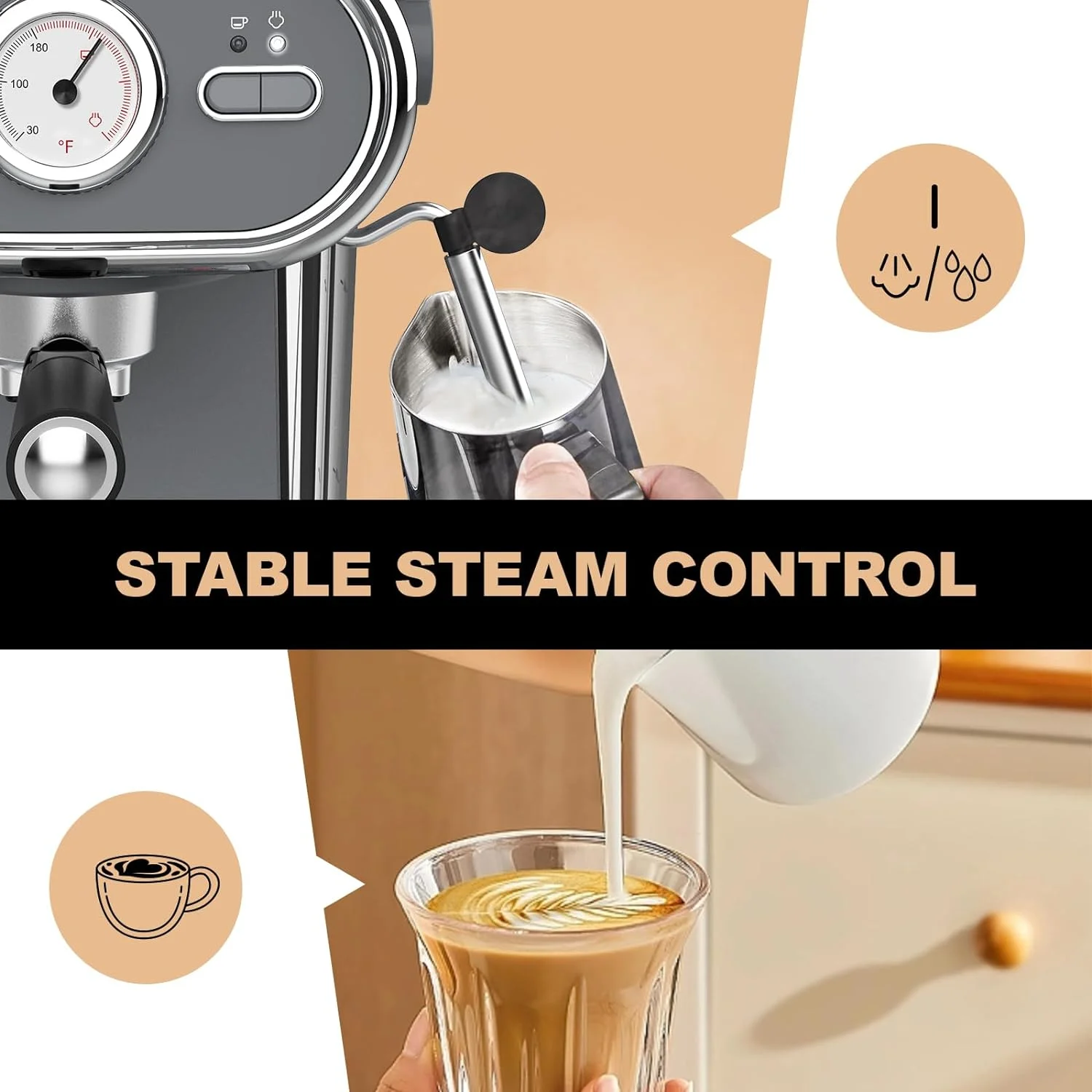 Laekerrt Espresso Machine with Visible Thermometer, 20 Bar Pump Pressure Home Coffee Machine with Milk Frother Steam Wand, 1100W Cappuccino Latte Coffee Maker