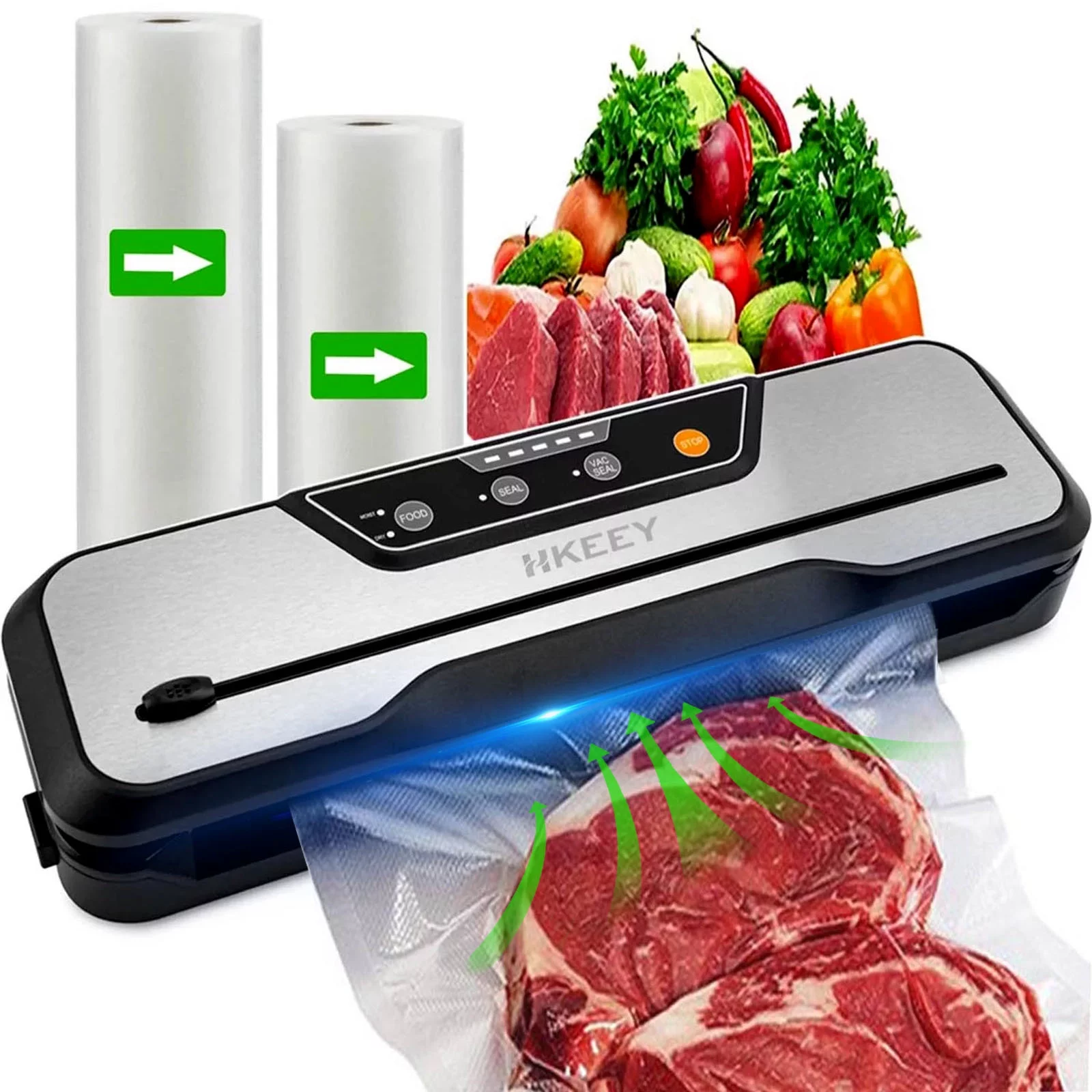 Food Vacuum Sealer Machine with 2 Rolls Food Vacuum Sealer Bags .Food Storage Saver Dry & Moist Food Modes, Led Indicator Lights, Easy to Clean, Compact Design