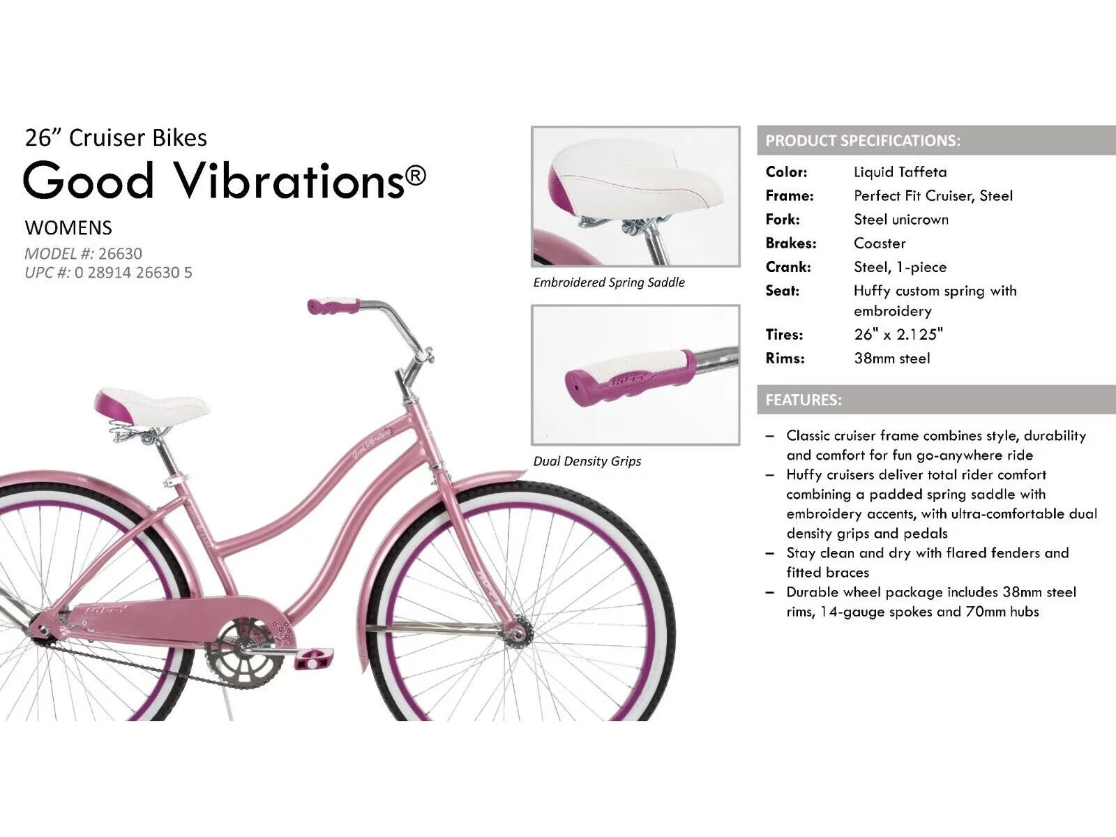 Huffy 26630 26 in. Good Vibrations Womens Cruiser Bike, Pink – One Size