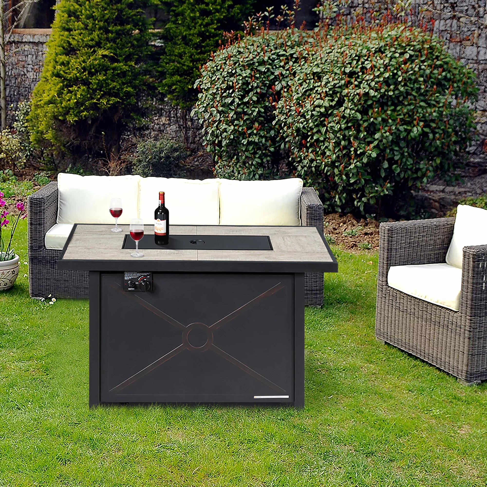 Costway 60,000 BTU Outdoor Rectangle Gas Fire Table W/ Ceramic Tabletop Ideal for Backyard Poolside