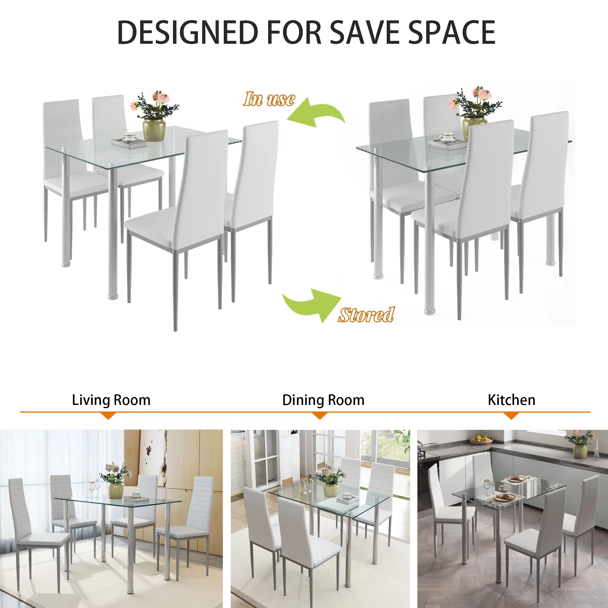 uhomepro White Kitchen Table Set, 5 Pieces Dining Table Set, Tempered Glass Dining Table and Chairs Set for 4, Upgraded Iron Dining Room Table Set with 4 PU Leather Chairs