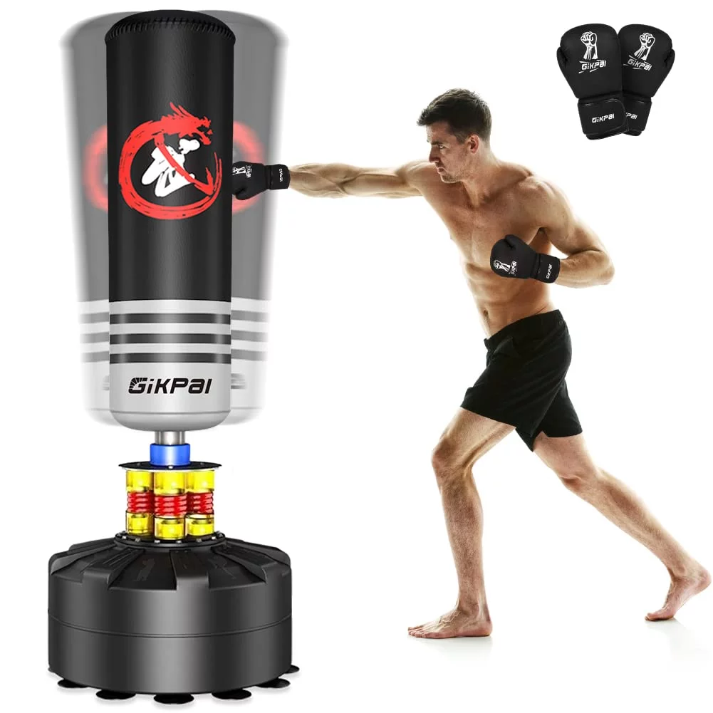 GIKPAL Freestanding Punching Bag 70”-180lbs with Stand for Adult Teens Kids, Kickboxing Bag with 12 Suction Cup Base for Home Office Gym,Black