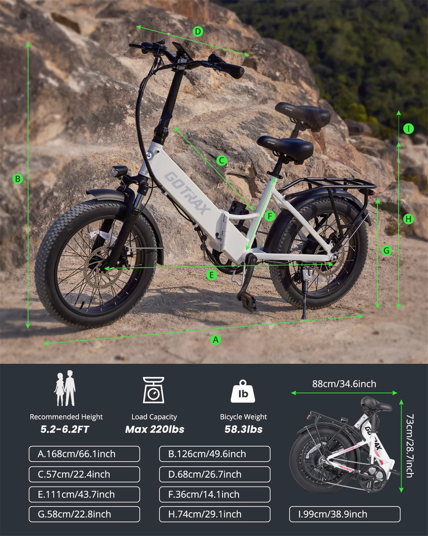 F2 Electric Bike for Adults, 500W/48V/20mph/20″ x 3″ Fat Tire Folding E-Bike with LCD Display and Adjustable Seat for Commute, Travel, White