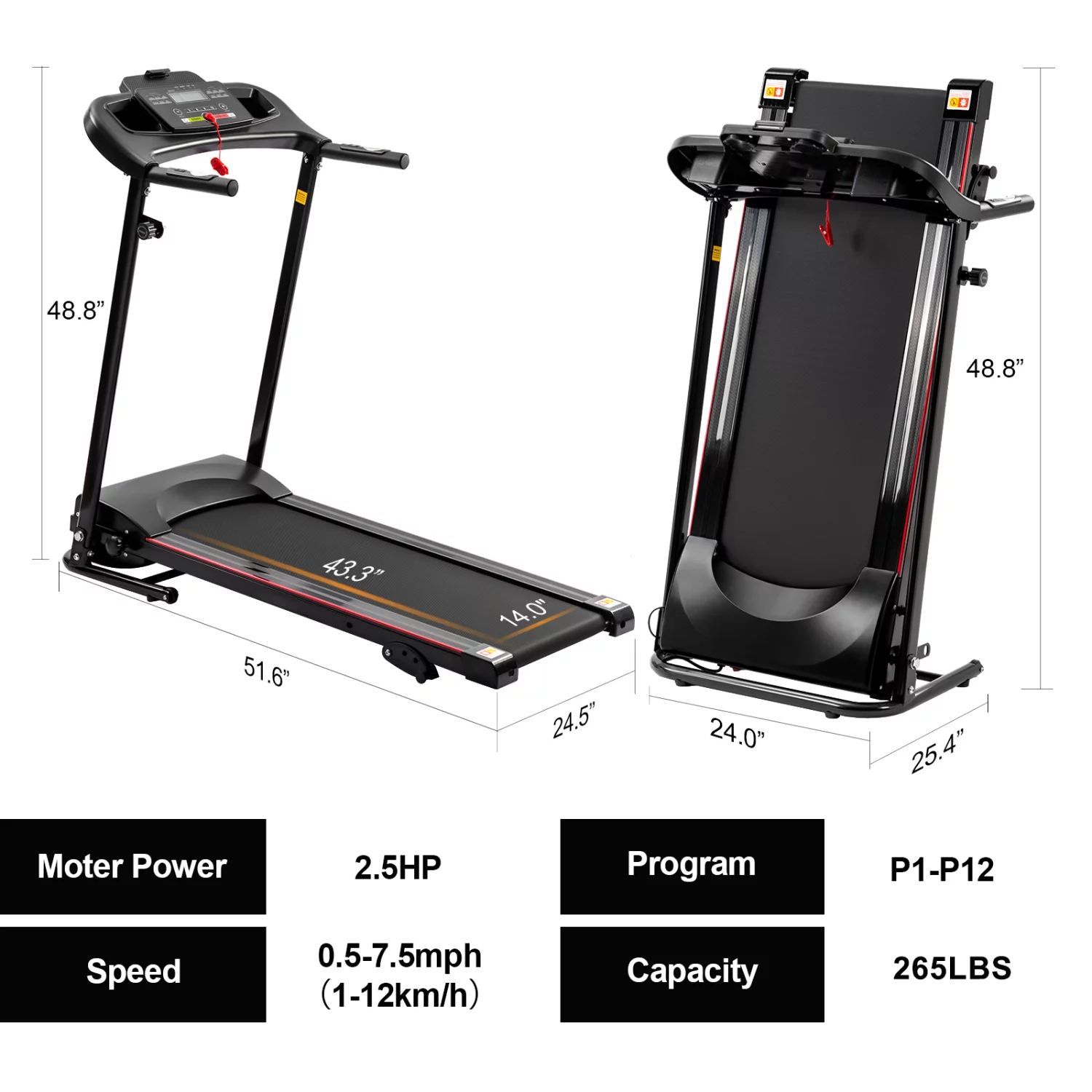 2.5 HP Foldable Treadmill with Incline, Portable Run Walking Folding Compact Exercise Machine with 12 Preset Program, LED Display, Easy Assembly for Small Space Fitness Electric Workout for Home