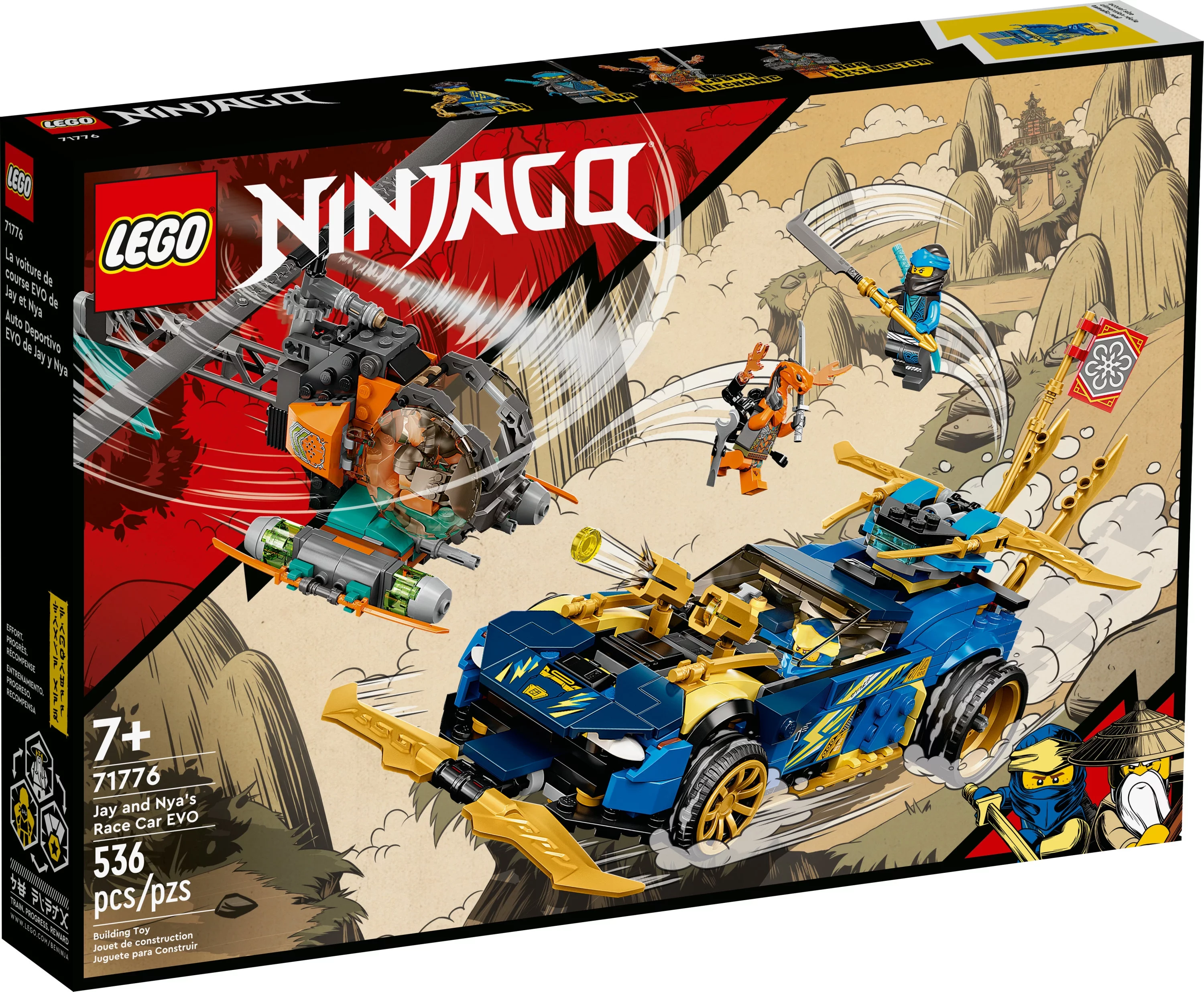 LEGO NINJAGO Jay and Nya’s Race Car EVO Set 71776 with Toy Helicopter and Boa Snake Figure for Kids Ages 7+, Collectible Mission Banner Sets