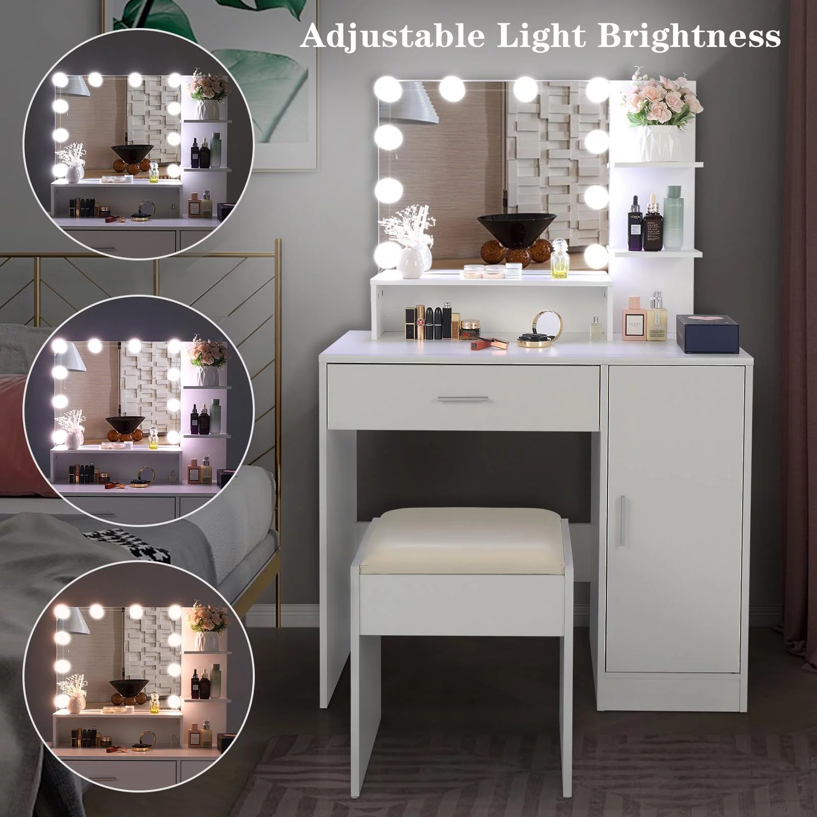 Ktaxon Vanity Set with 3 Color Lighted Mirror, Makeup Table with 3 Storage Shelves & Drawers, Dressing Table Makeup Desk with Stool,Black