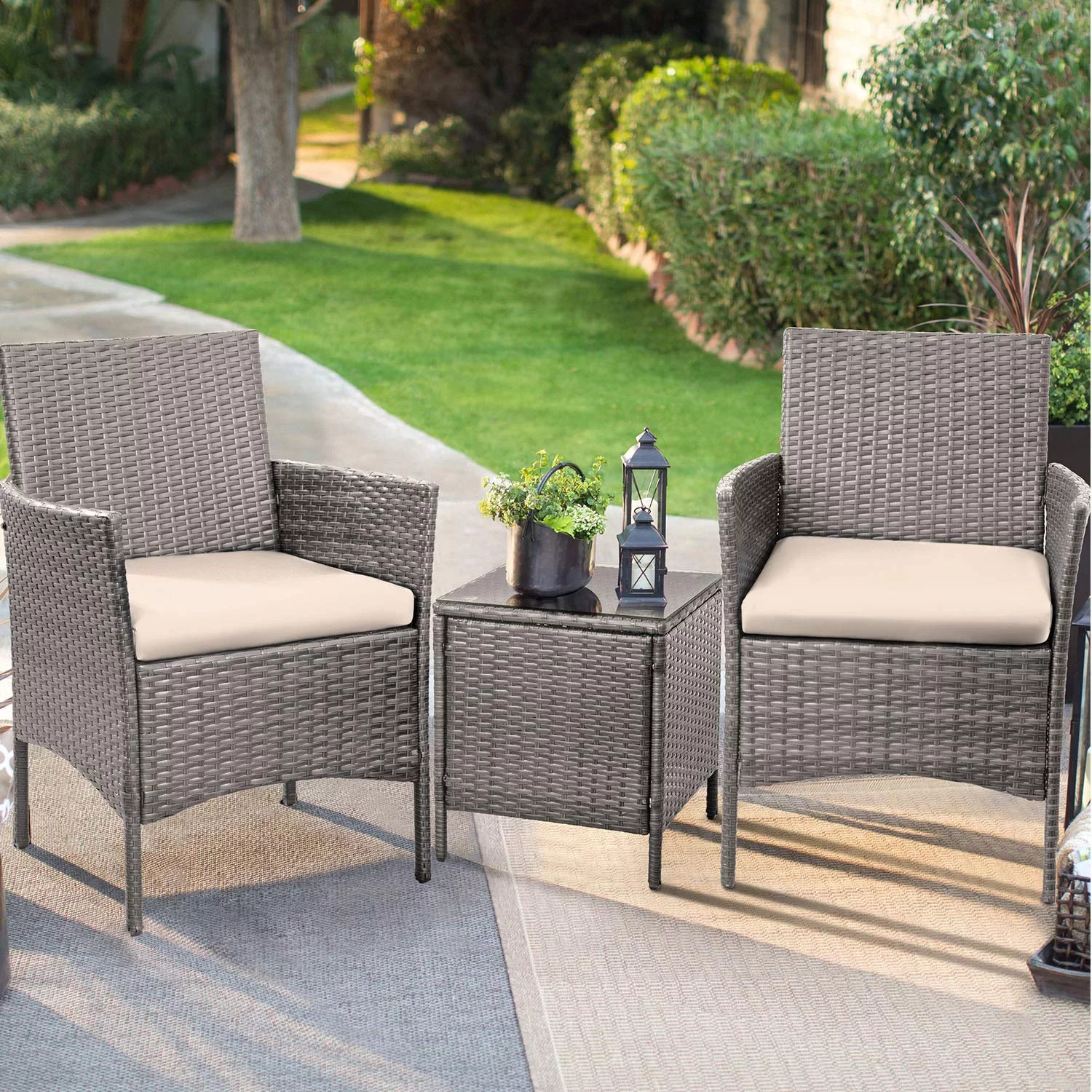 Lacoo 3 Pieces Outdoor Patio Furniture PE Rattan Wicker Table and Chairs Set Bar Set with Cushioned Tempered Glass, Brown/Beige, 2