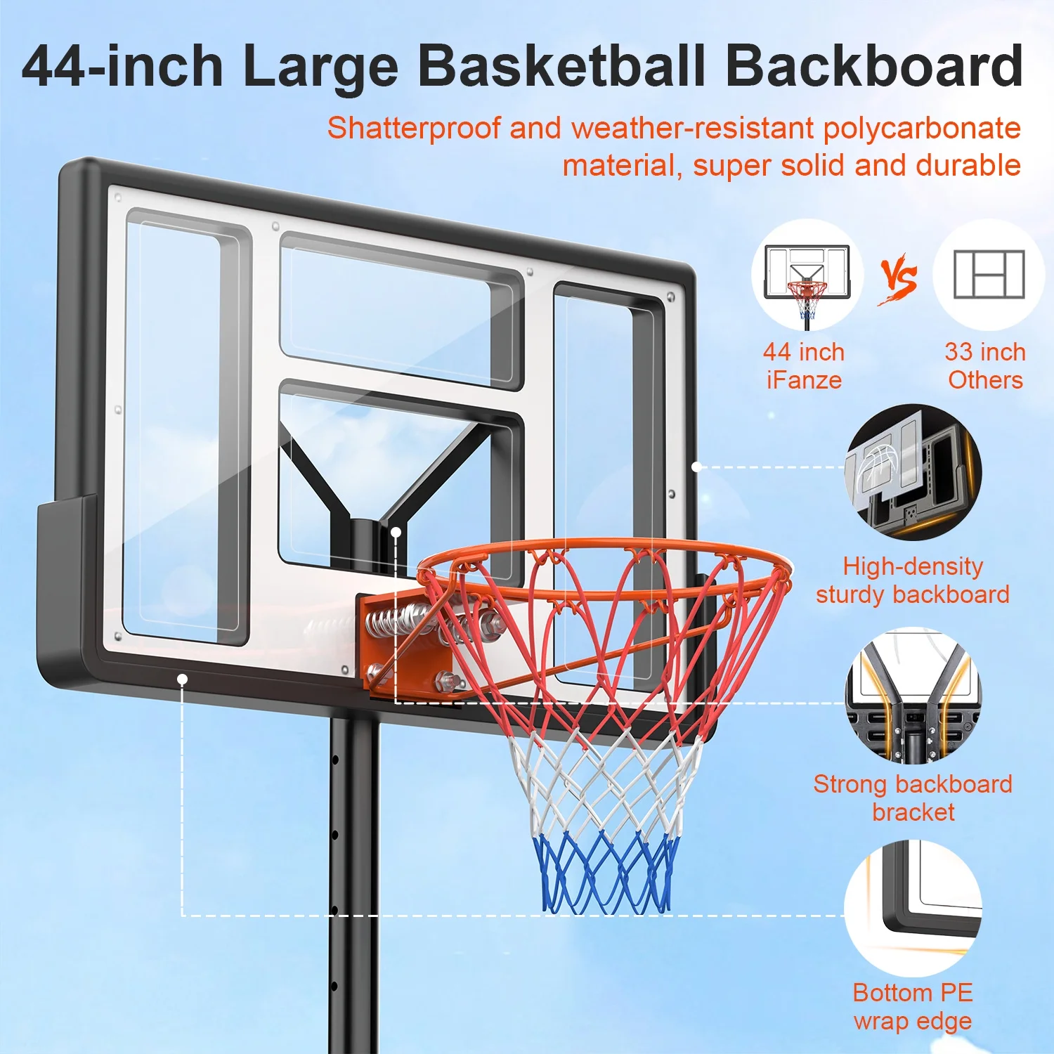 Jorocks 44″ Basketball Hoop, 4.4-10ft Height Adjustable Portable Basketball Goal System with Shatterproof PVC Backboard and 18″ Rim, Kids Adults Basketball Court Indoor Outdoor