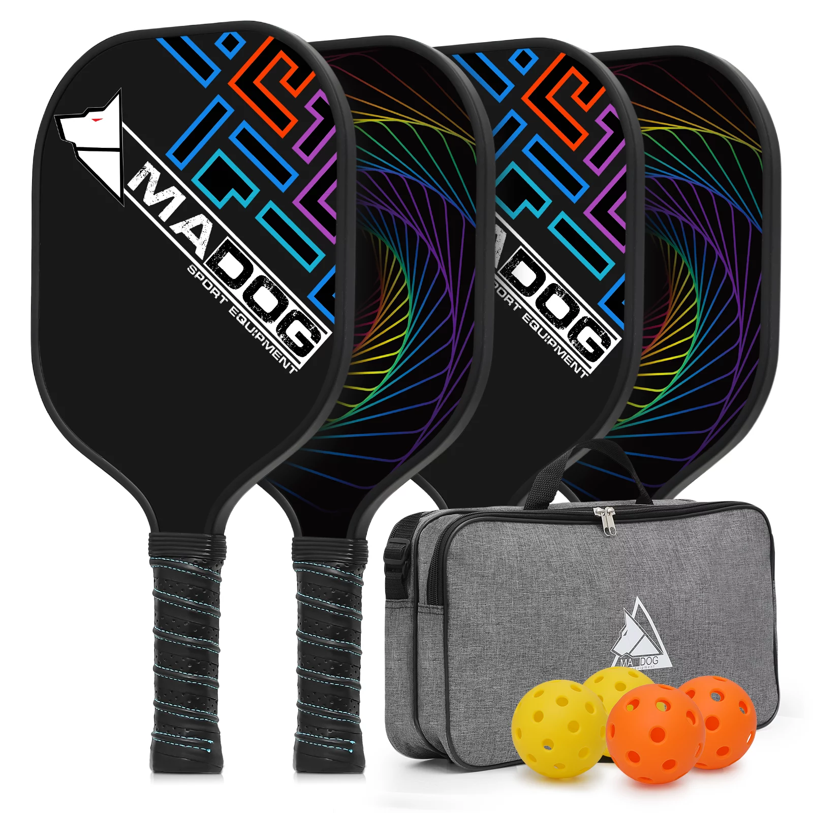 MADOG Pickleball Rackets Set, Carbon Fiber Pickleball Paddles Set of 4 and 4 Pickleballs Balls, 4 Paddles and 4 Indoor & Outdoor Pickleball Balls for Adults Beginners