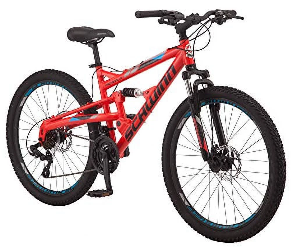 Schwinn Protocol 1.0 Men’s and Women’s Mountain Bike, 26 In. Wheels, 24-Speed Drivetrain, Lightweight Aluminum Frame, Full Suspension, Red/Blue