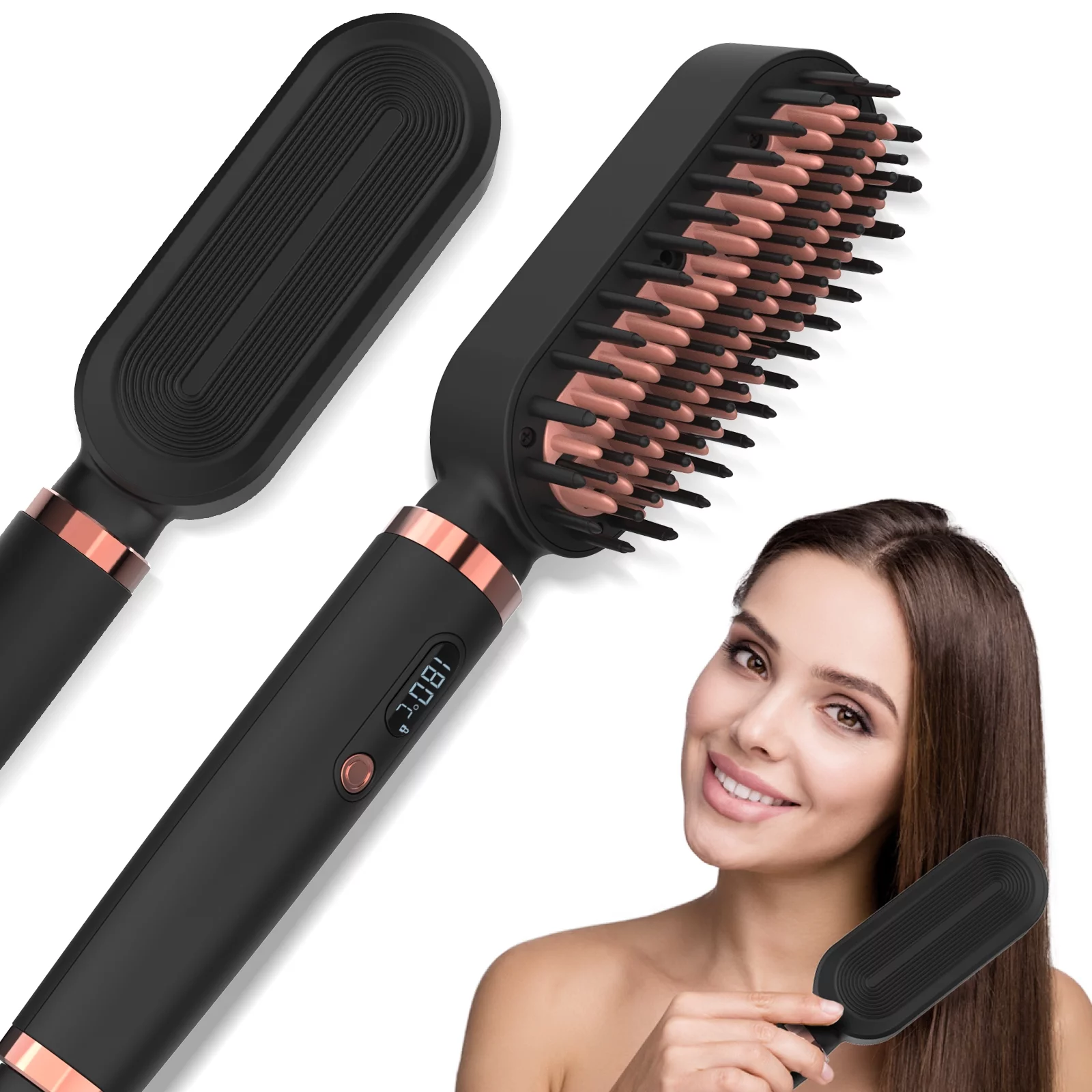 Hair Straightener Brush DipRevo 2 in 1 Ionic Fast Heating Straightening Brush Anion Straightening Comb Temperature Adjustable LCD Display Auto-off Black