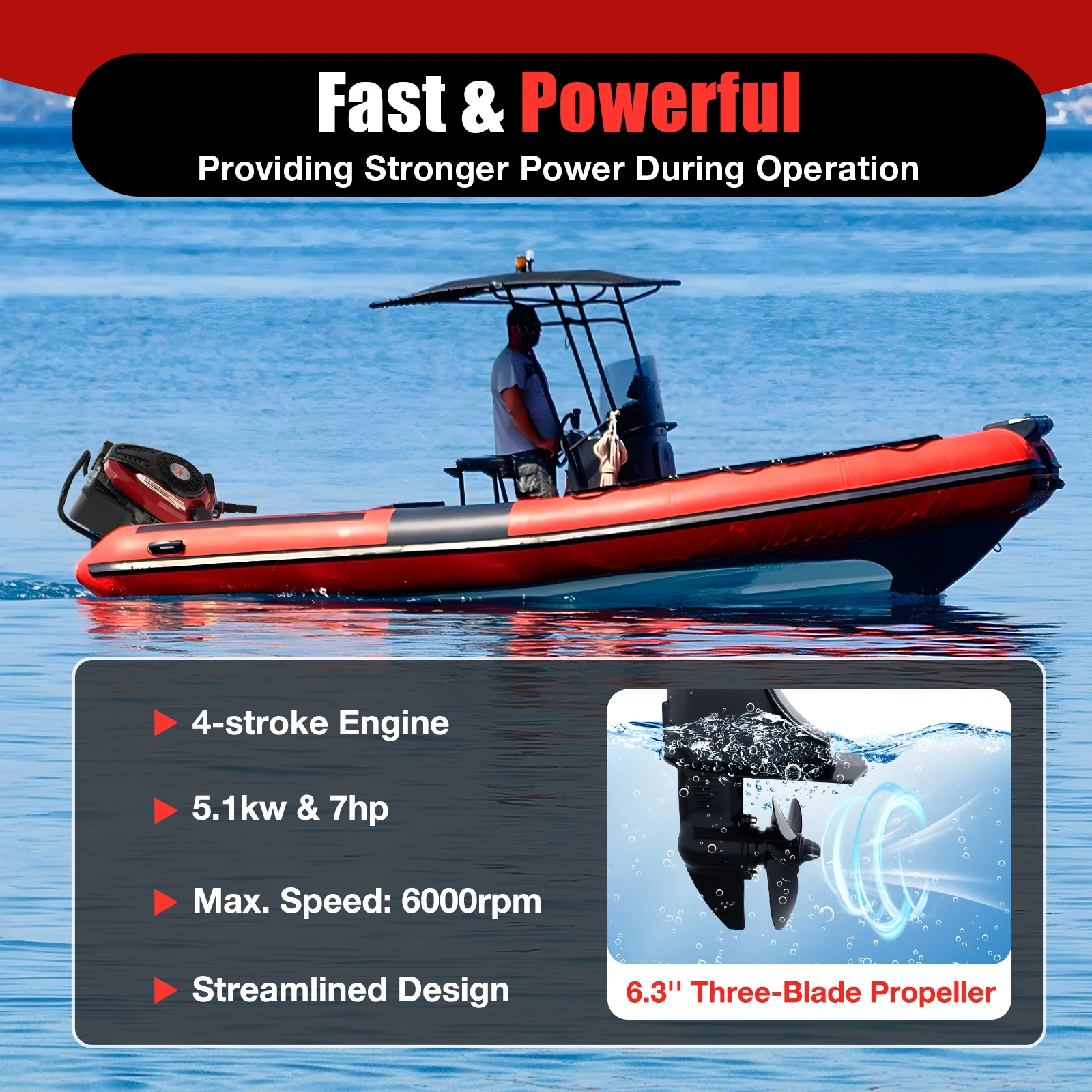 4 Stroke 7 HP Outboard Motor 196CC Fishing Boat Engine Air Cooling 50cm Long Shaft 6000rpm