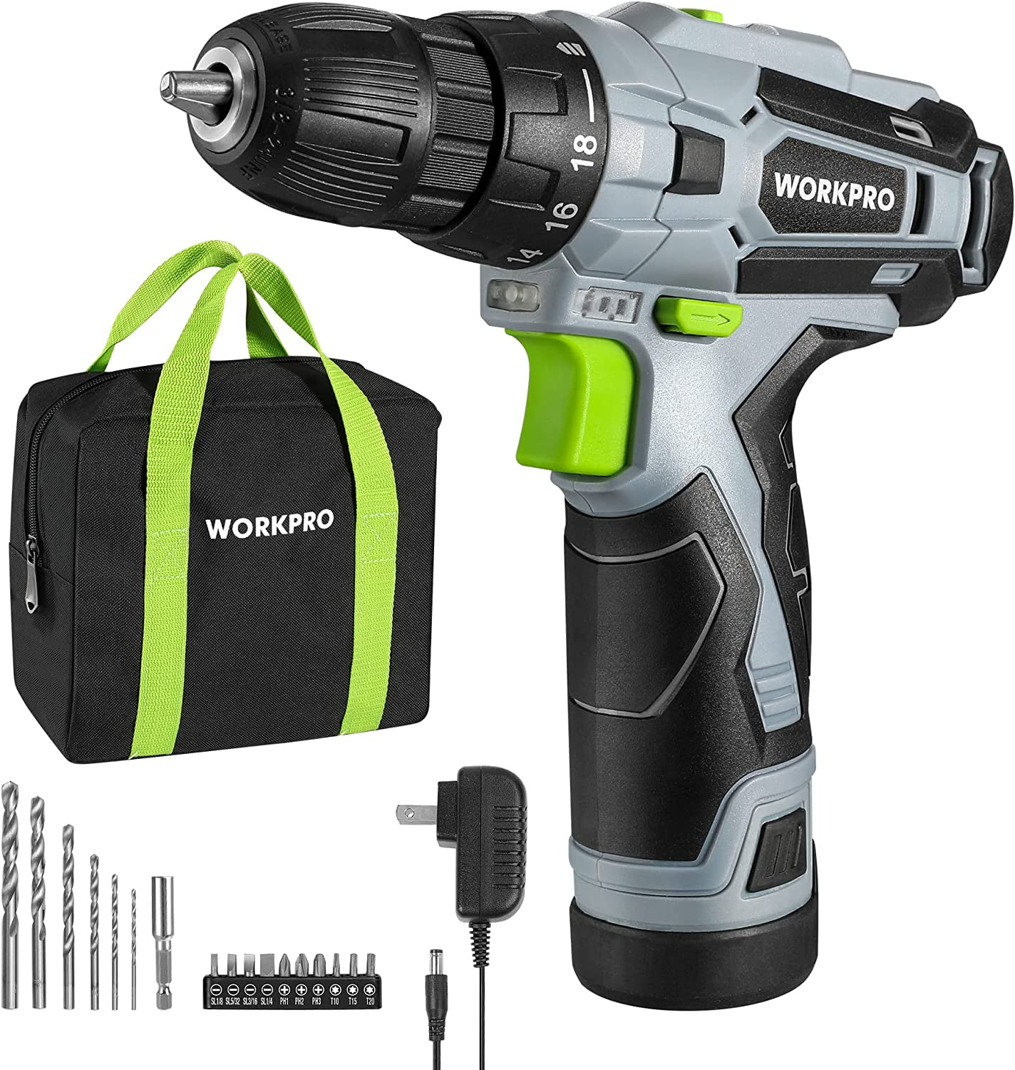 WORKPRO Cordless Drill Driver Kit, 12V Electric Screwdriver Driver Tool Kit for Women, 3/8″ Keyless Chuck, Charger and Storage Bag Included