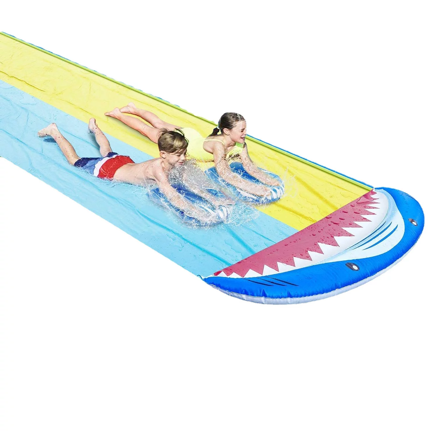 XGeek Lawn Water Slides for Kids, Water Slide with Surfboard Double Shark Water Slide with Repair Paper, Summer Outdoor Fun Toy Games for Garden Lawn and Children