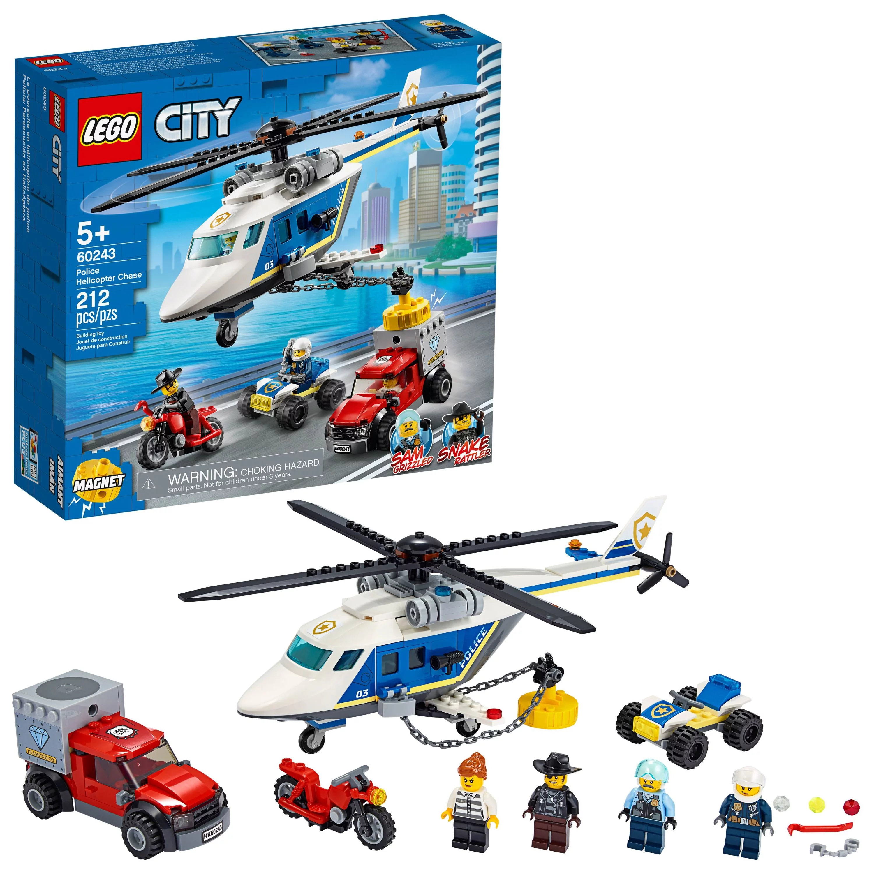 LEGO City Police Helicopter Chase 60243 Building Toy Set for Kids, Includes Toy Police ATV and Helicopter, Toy Motorbike, and a Getaway Truck,