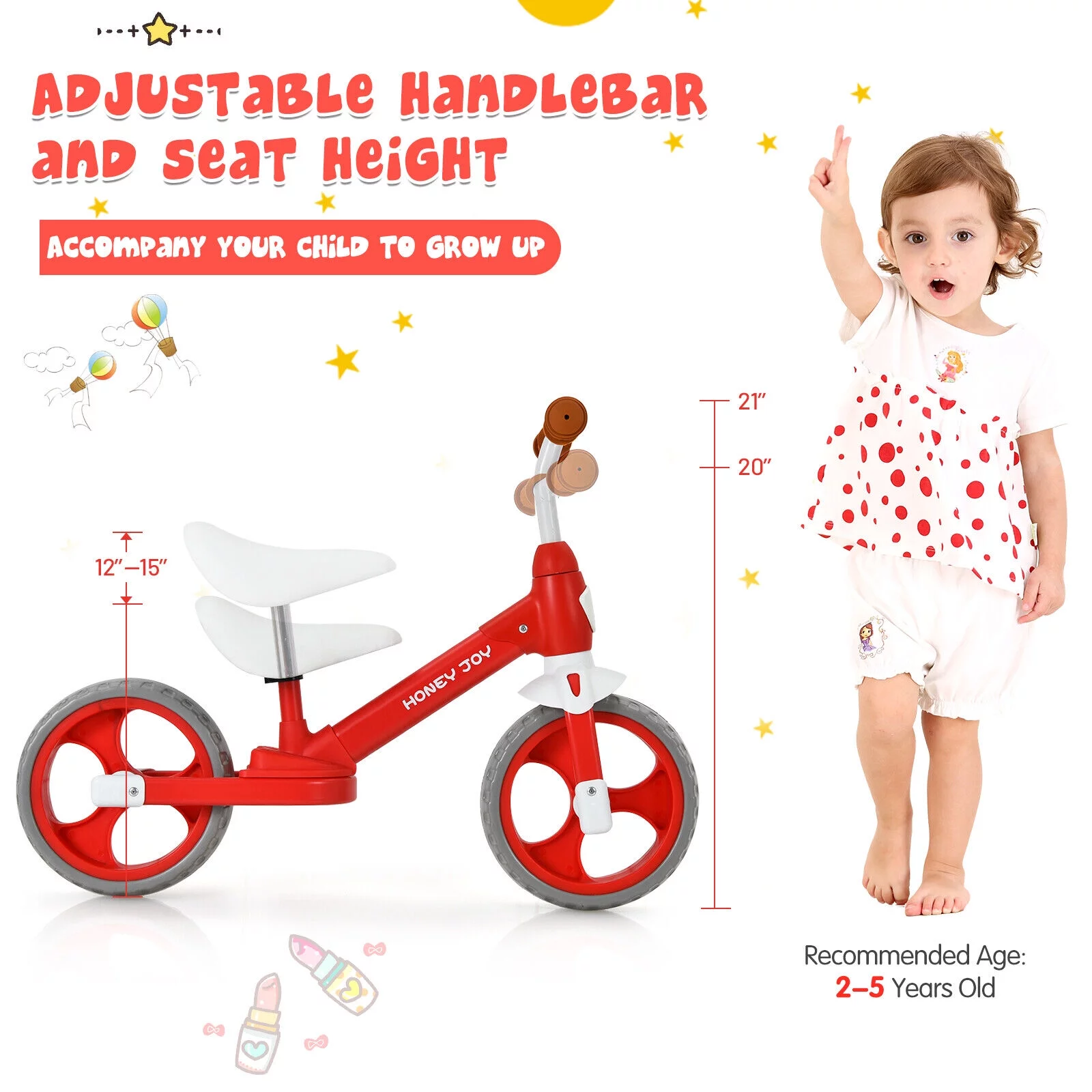 FONIRRA Kids Balance Toddler Bicycle No-Pedal Training Bike with Adjustable Handlebar and seat for 2-5 Years Old Boys Girls, Red