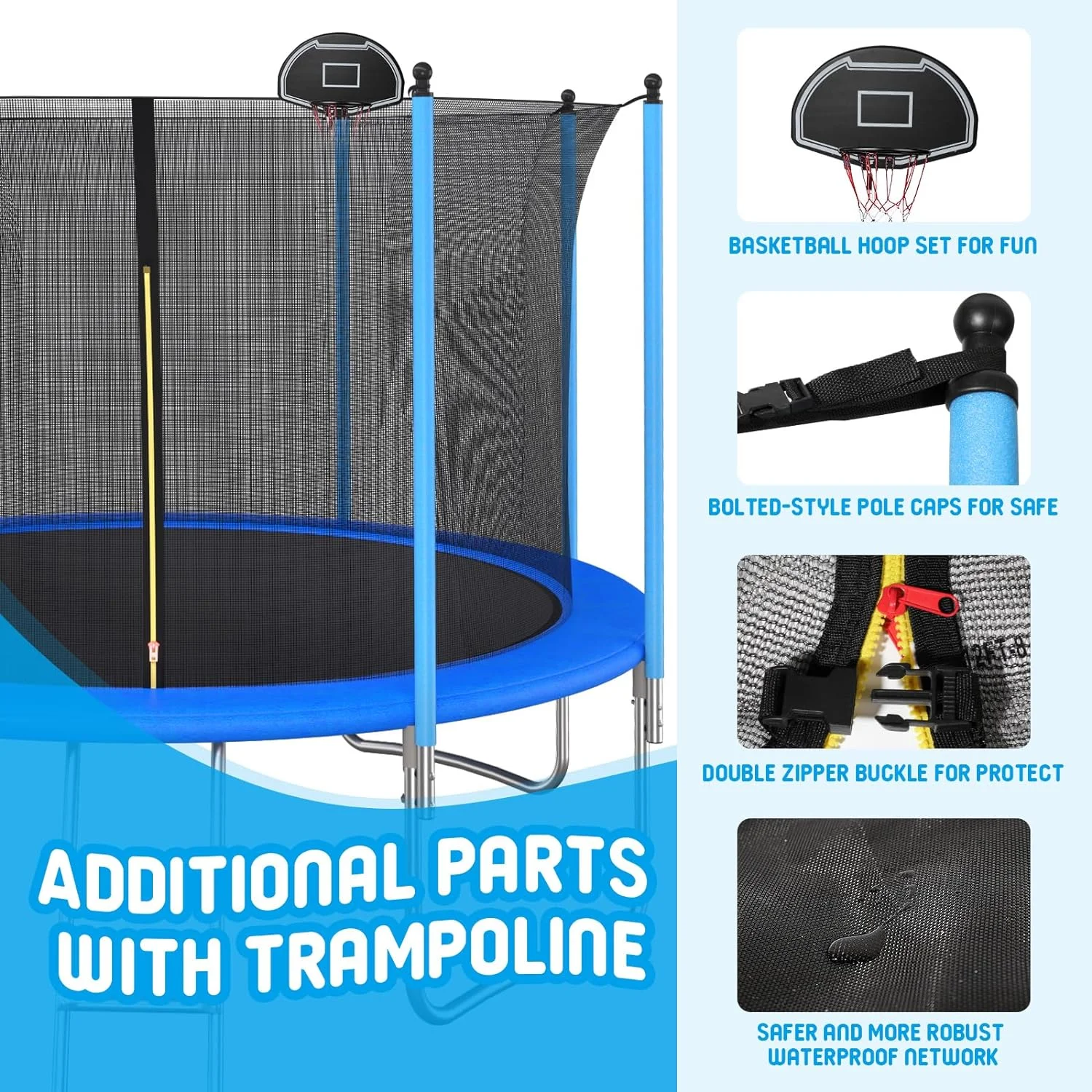 Kids Trampoline 10FT Round Trampoline with Basketball Hoop Safety Enclosure Net Ladder Padding-In Net GINSYTALIOR