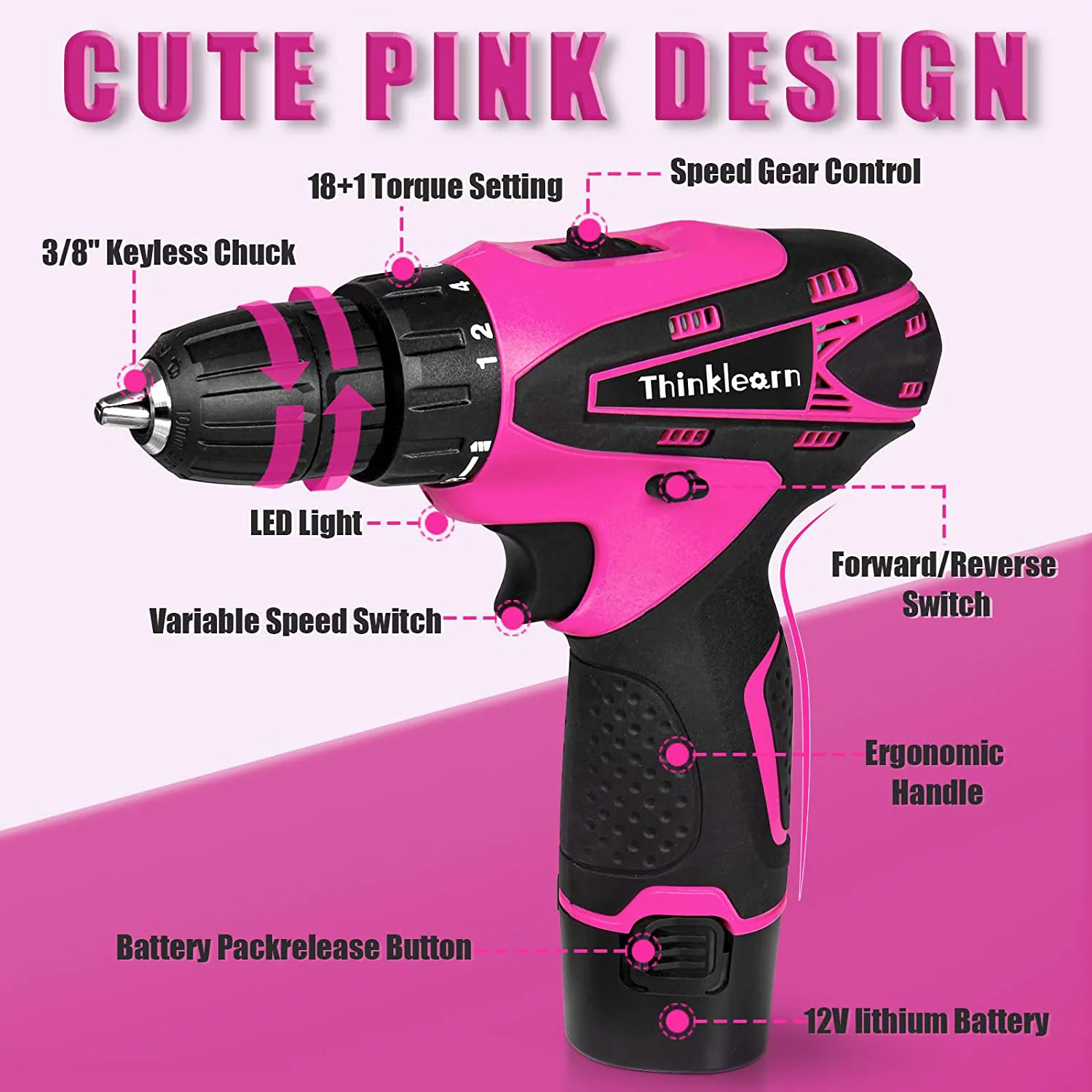 ThinkLearn Pink Drill Set for Women, 137 Piece Hand and Power Tool Set with 12V Cordless Drill