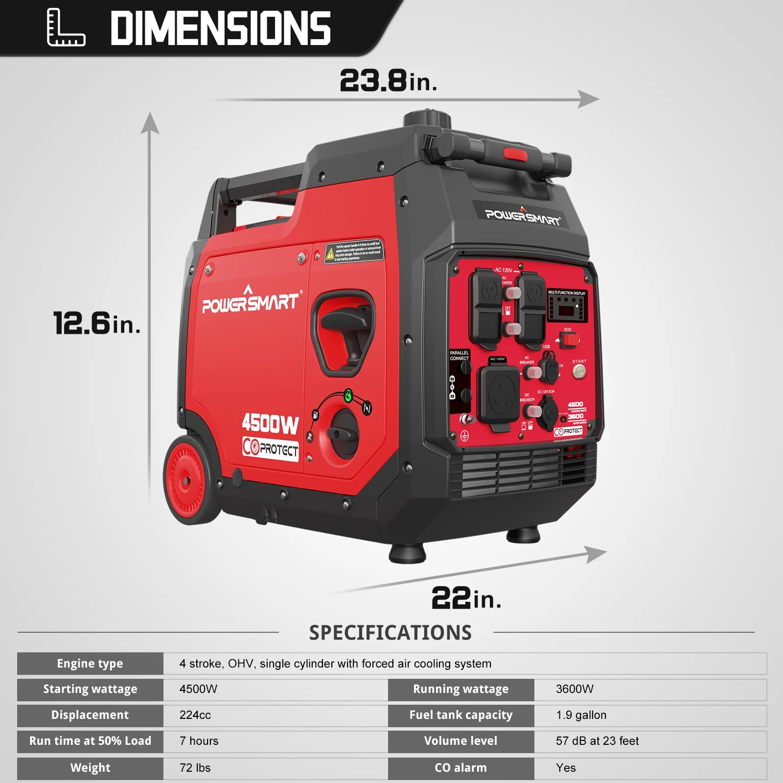 PowerSmart Gas Powered Portable Generator, Low Noise, Outdoor Panel Inverter Generator PS5045CE (4500 Watts+CO)