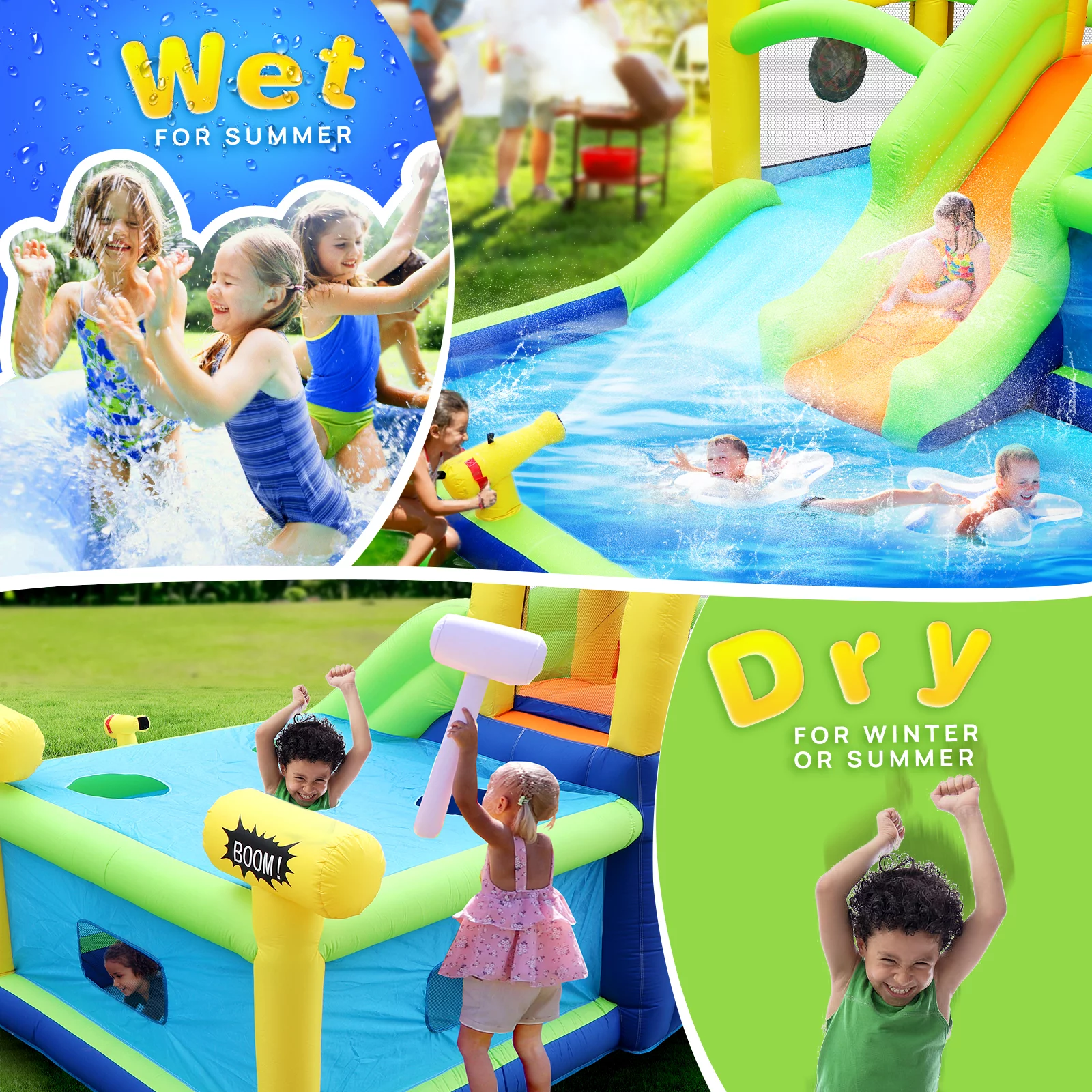 Track 7 Inflatable Water Park,7 in 1  Inflatable Bounce House Slide Long Slide Water Park with Whack a Mole Games & Splash Pool & Target Games & Water Gun & Climbing Wall & Basketball & Air Blower