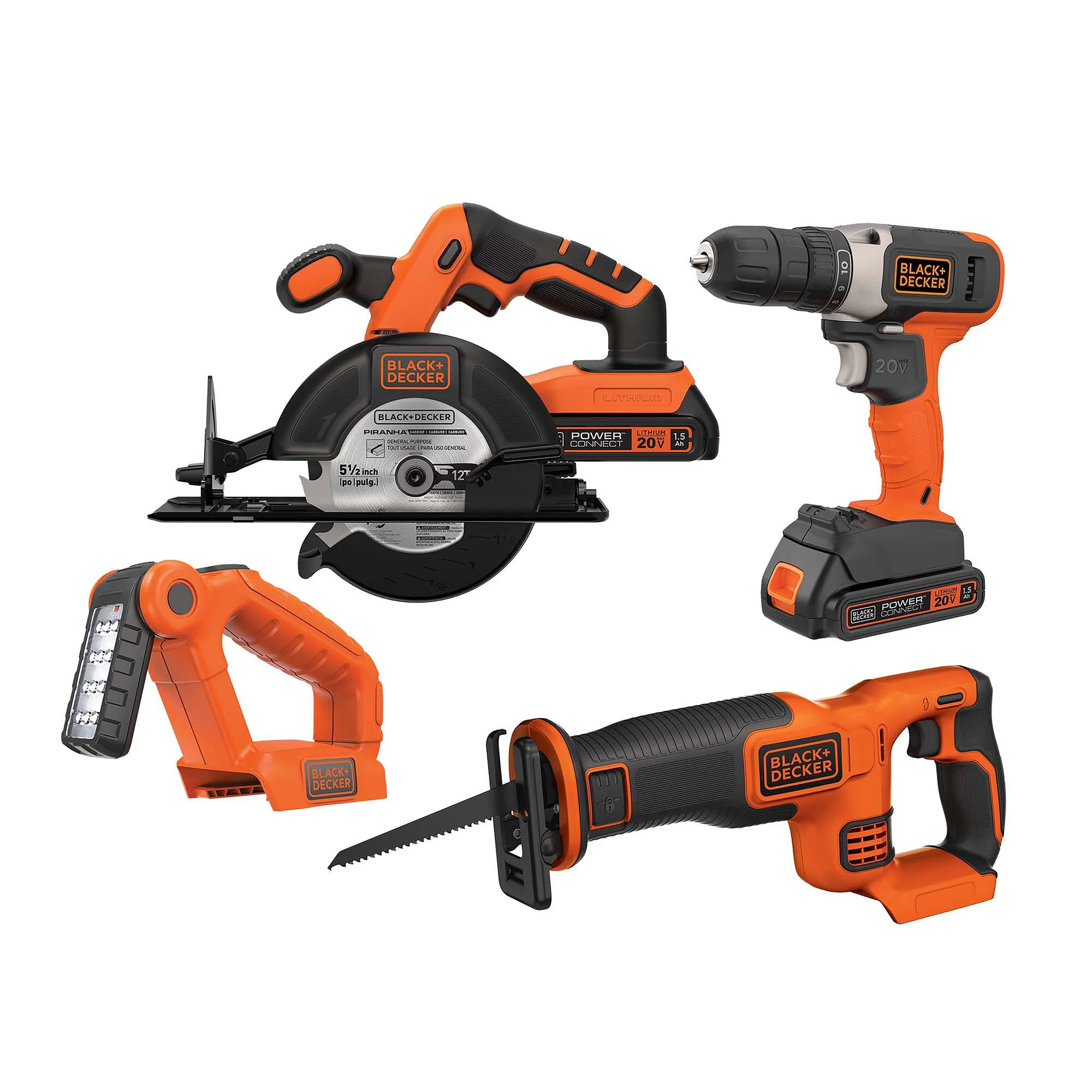 Black & Decker 20 Volt 4-Tool Kit with Drill, Circular Saw, Reciprocating Saw, and Work Light, BD4KITCD7CSRSL